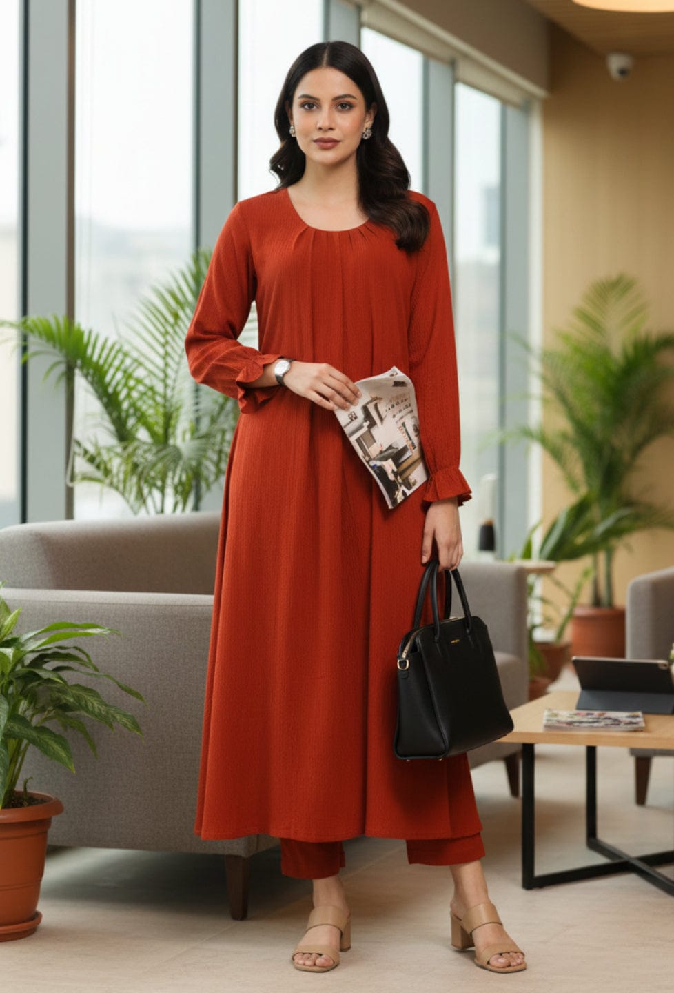 The Kurti Collection Women Rust Colour, Bishop Sleeve A-Line Kurta Paired With Tonal Bottom