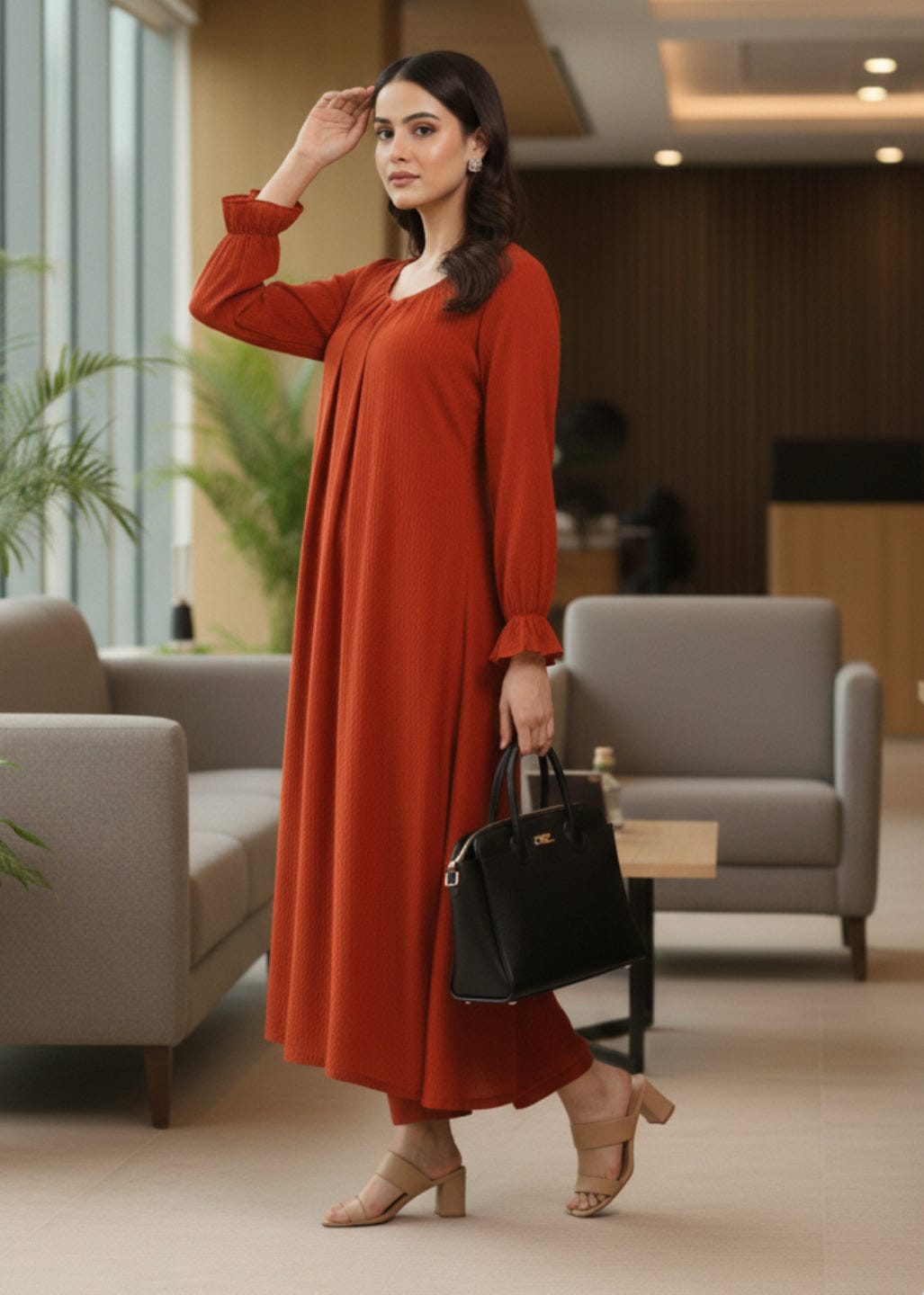 The Kurti Collection Women Rust Colour, Bishop Sleeve A-Line Kurta Paired With Tonal Bottom