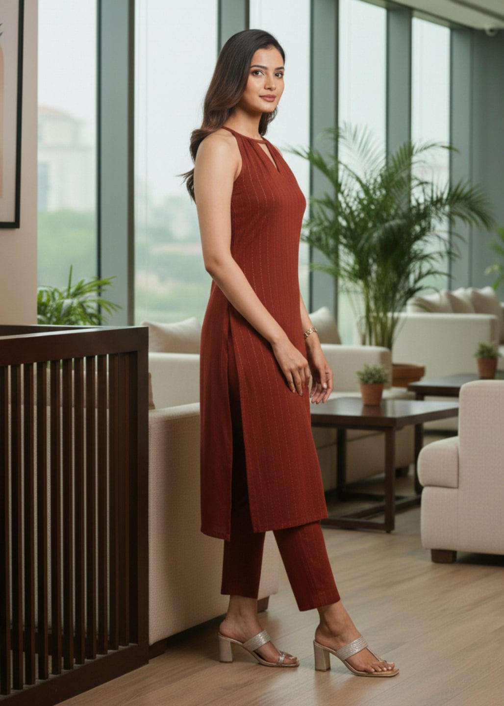 The Kurti Collection Women brown Halter Neck Straight Kurta with trouser