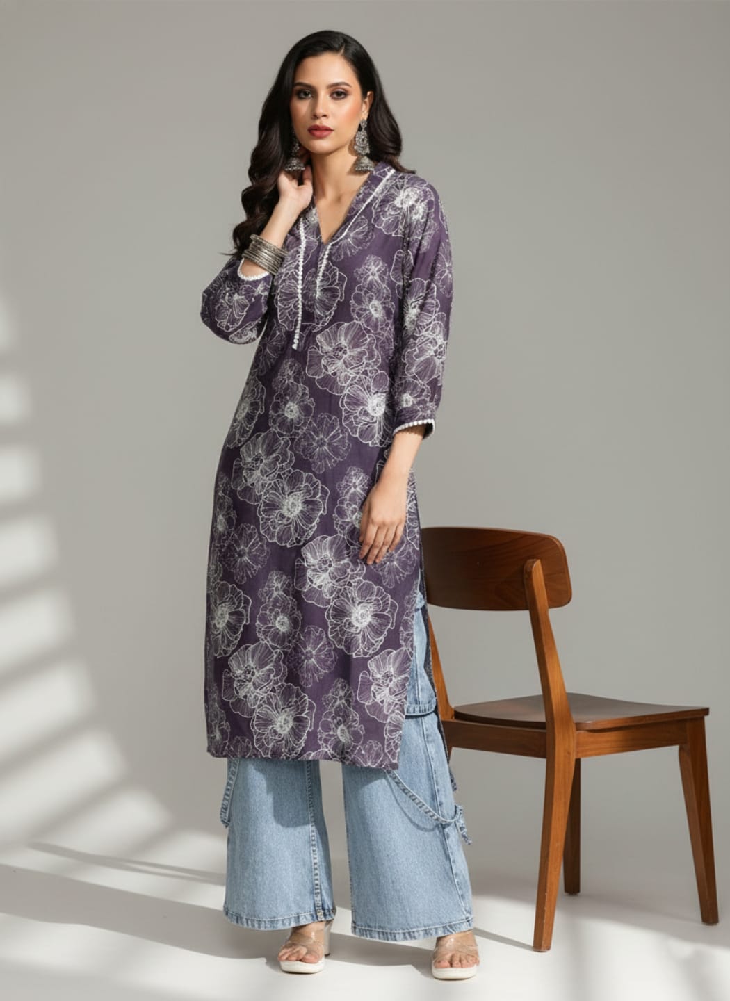V Neck Kurta With Lace Detailing And Big Floral Print