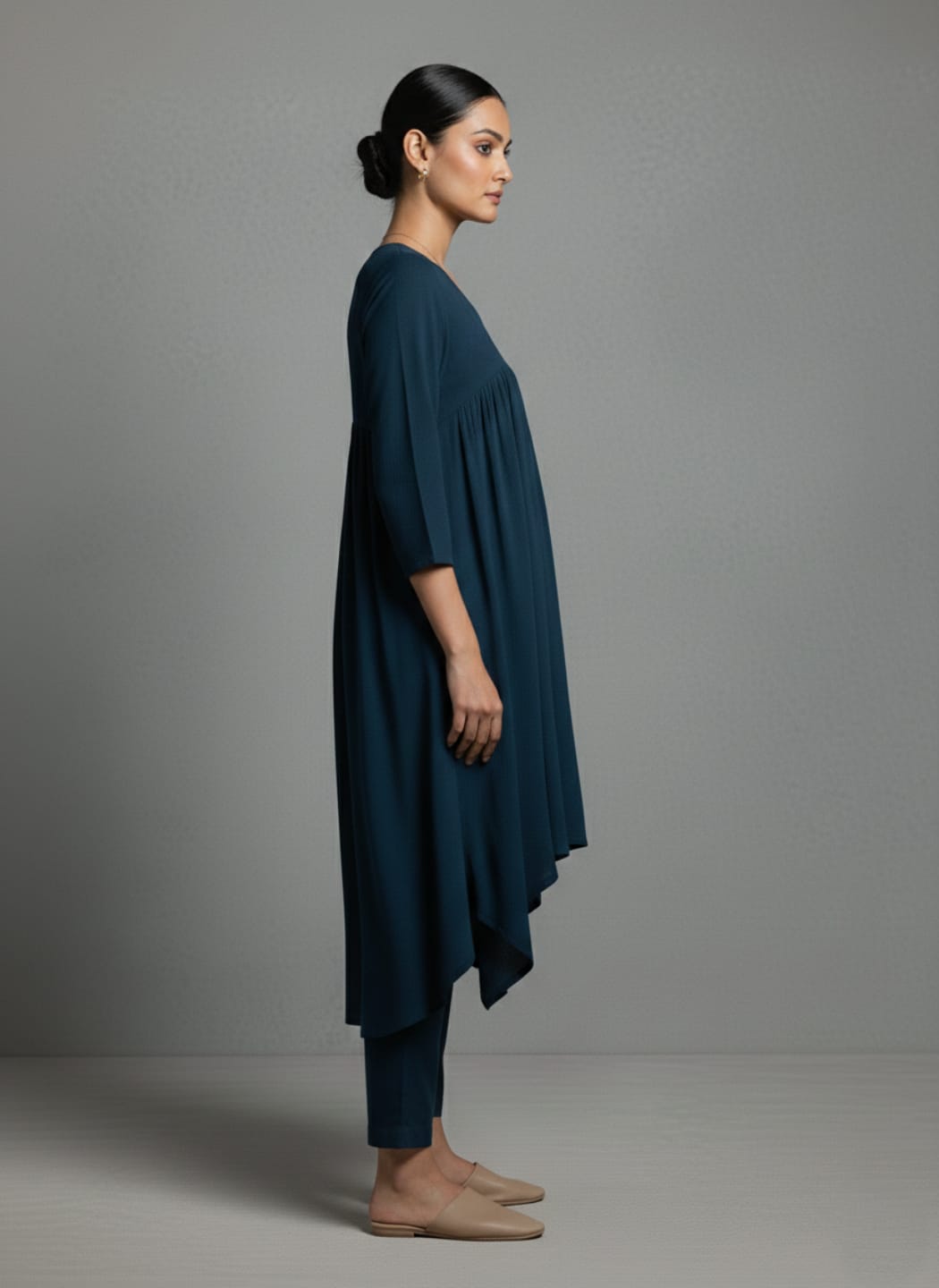 The Kurti Collection Women Teal Empire Gathered Details A-Line Kurta Paired With Tonal Bottom