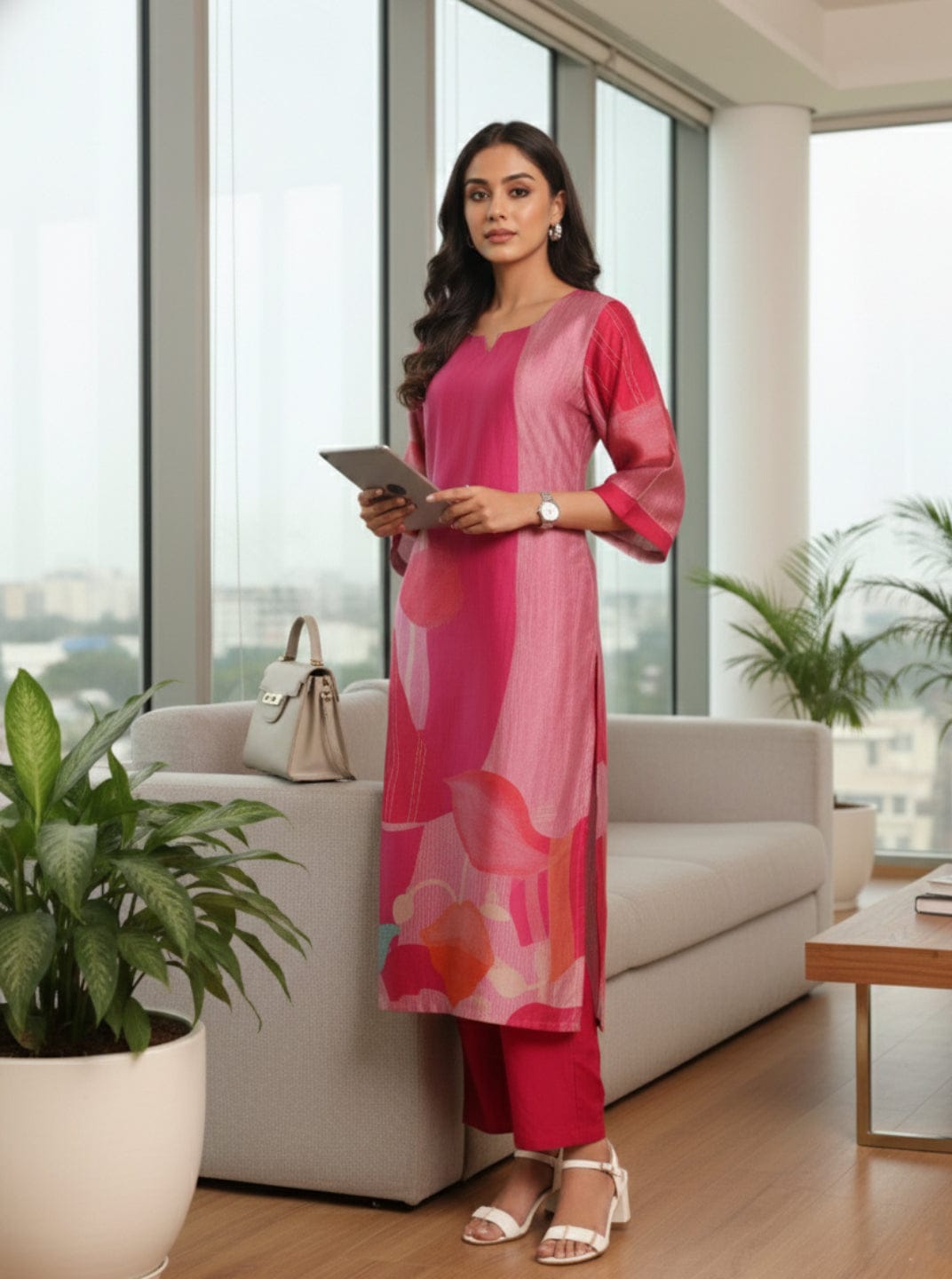 The Kurti Collection Women Fuschia Pink Abstract Printed Straight Kurta With Trousers