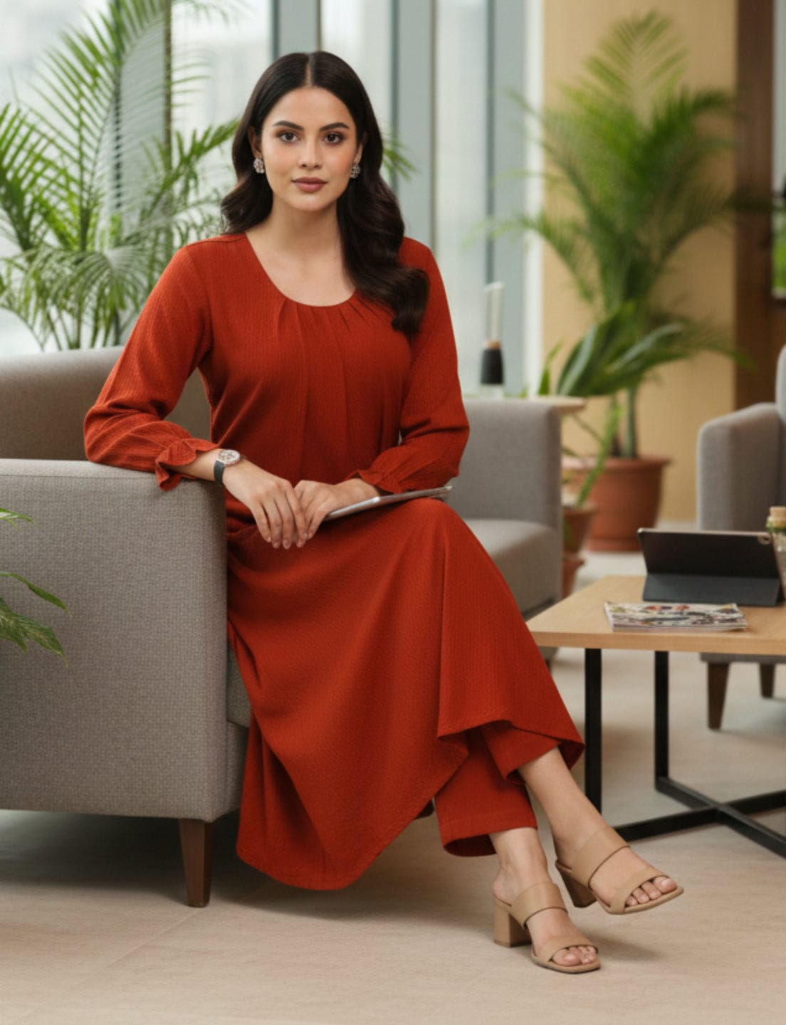 The Kurti Collection Women Rust Colour, Bishop Sleeve A-Line Kurta Paired With Tonal Bottom