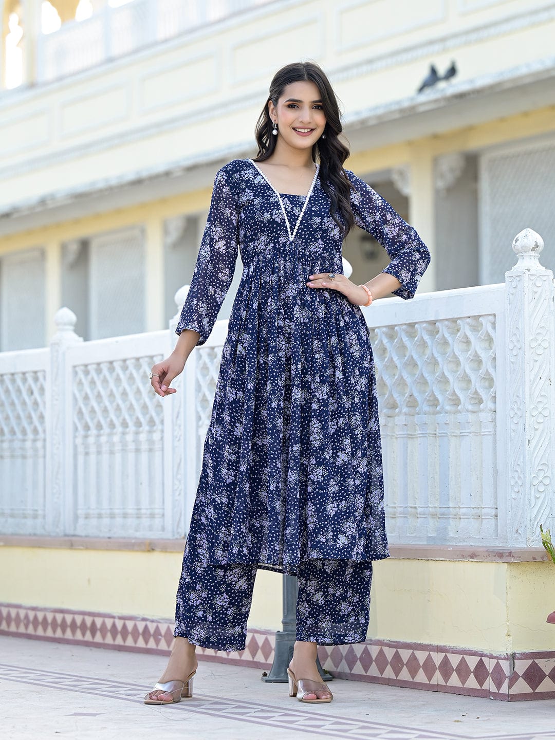 The Kurti Collection Women Navy Blue All over Floral Printed Pleated Empire Kurta Paired With Tonal Bottom