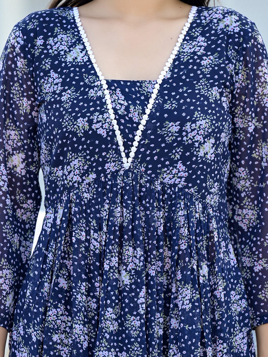 The Kurti Collection Women Navy Blue All over Floral Printed Pleated Empire Kurta Paired With Tonal Bottom