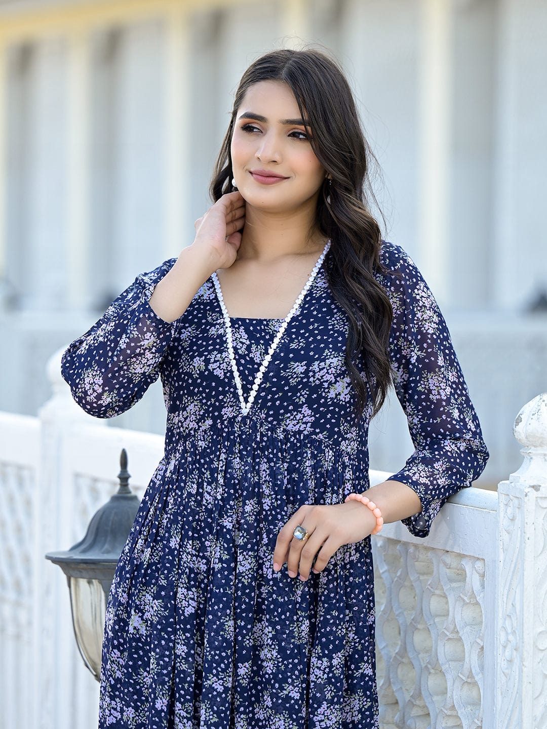 The Kurti Collection Women Navy Blue All over Floral Printed Pleated Empire Kurta Paired With Tonal Bottom
