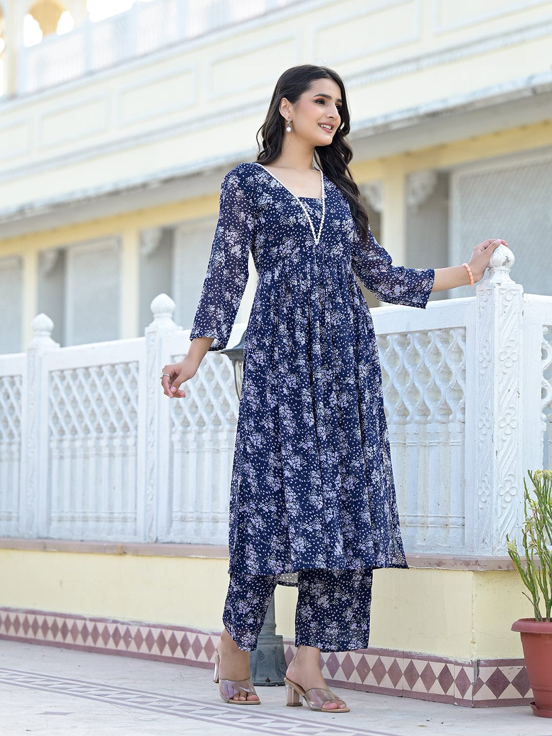 The Kurti Collection Women Navy Blue All over Floral Printed Pleated Empire Kurta Paired With Tonal Bottom
