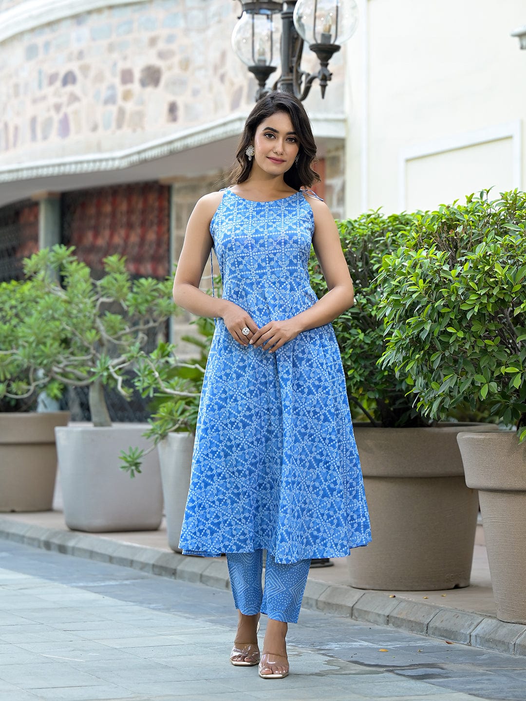 The Kurti Collection Women Blue Bandhani Printed Kurta Spaghetti Strap With Drawstring Paired With Tonal Printed Bottom