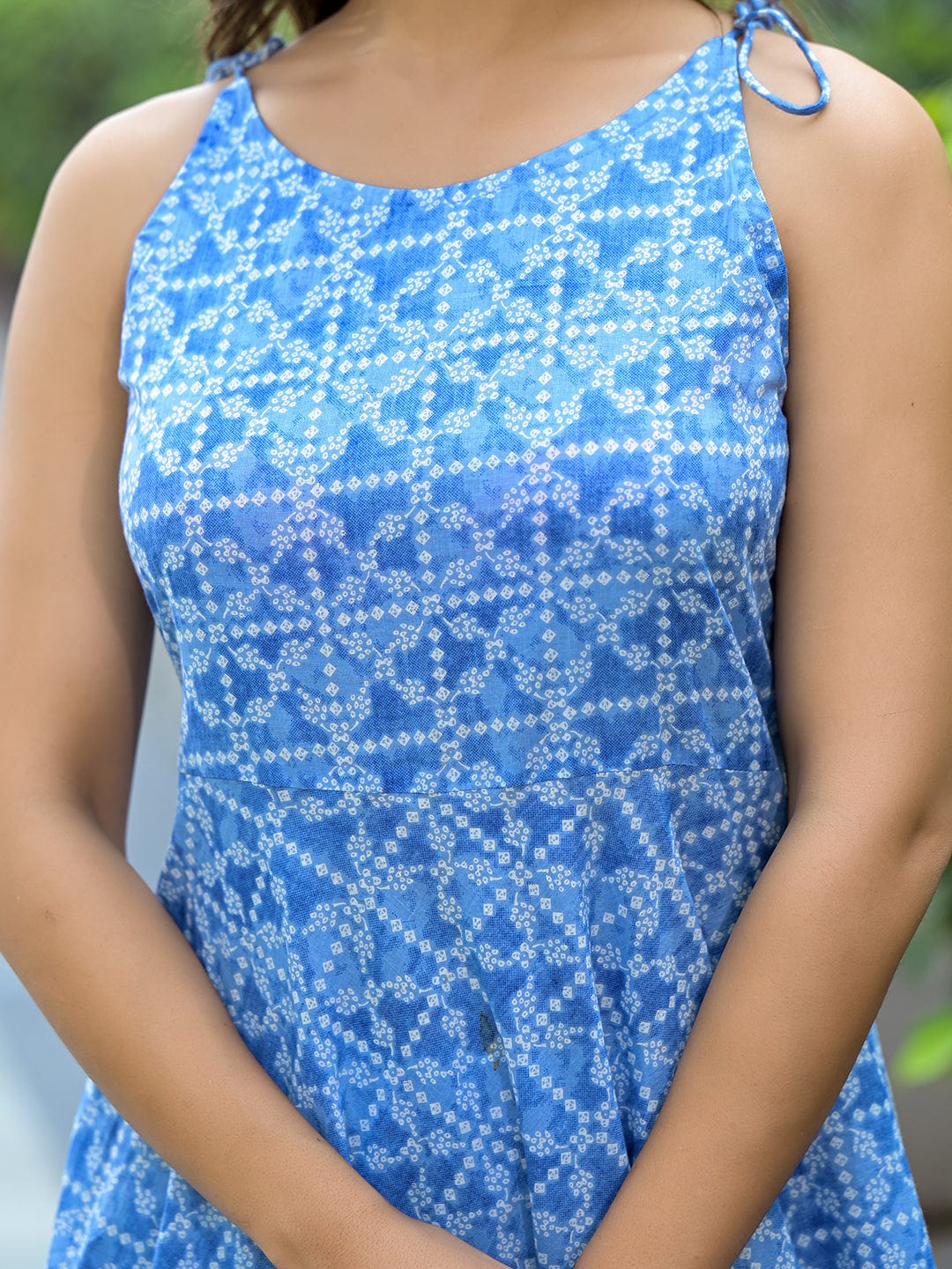 The Kurti Collection Women Blue Bandhani Printed Kurta Spaghetti Strap With Drawstring Paired With Tonal Printed Bottom