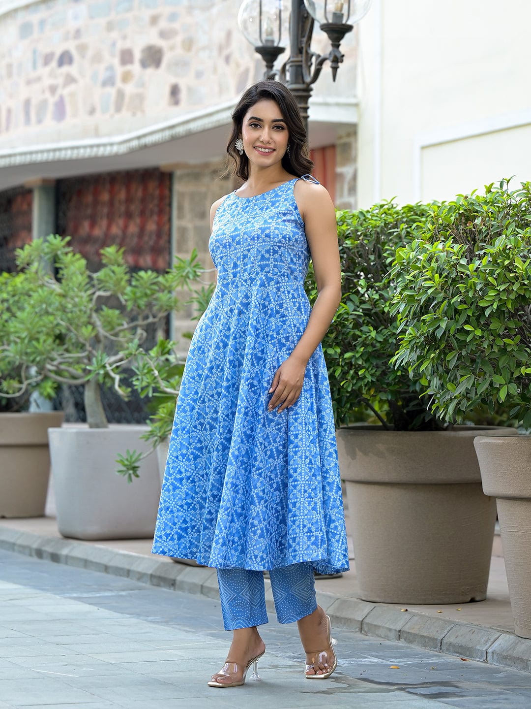 The Kurti Collection Women Blue Bandhani Printed Kurta Spaghetti Strap With Drawstring Paired With Tonal Printed Bottom