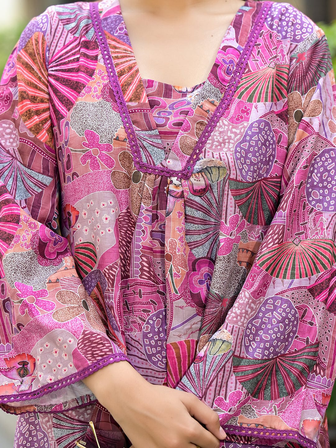 The Kurti Collection Women Purple Abstract Printed V-Neck A-Line Kurta Paired With Tonal Bottom