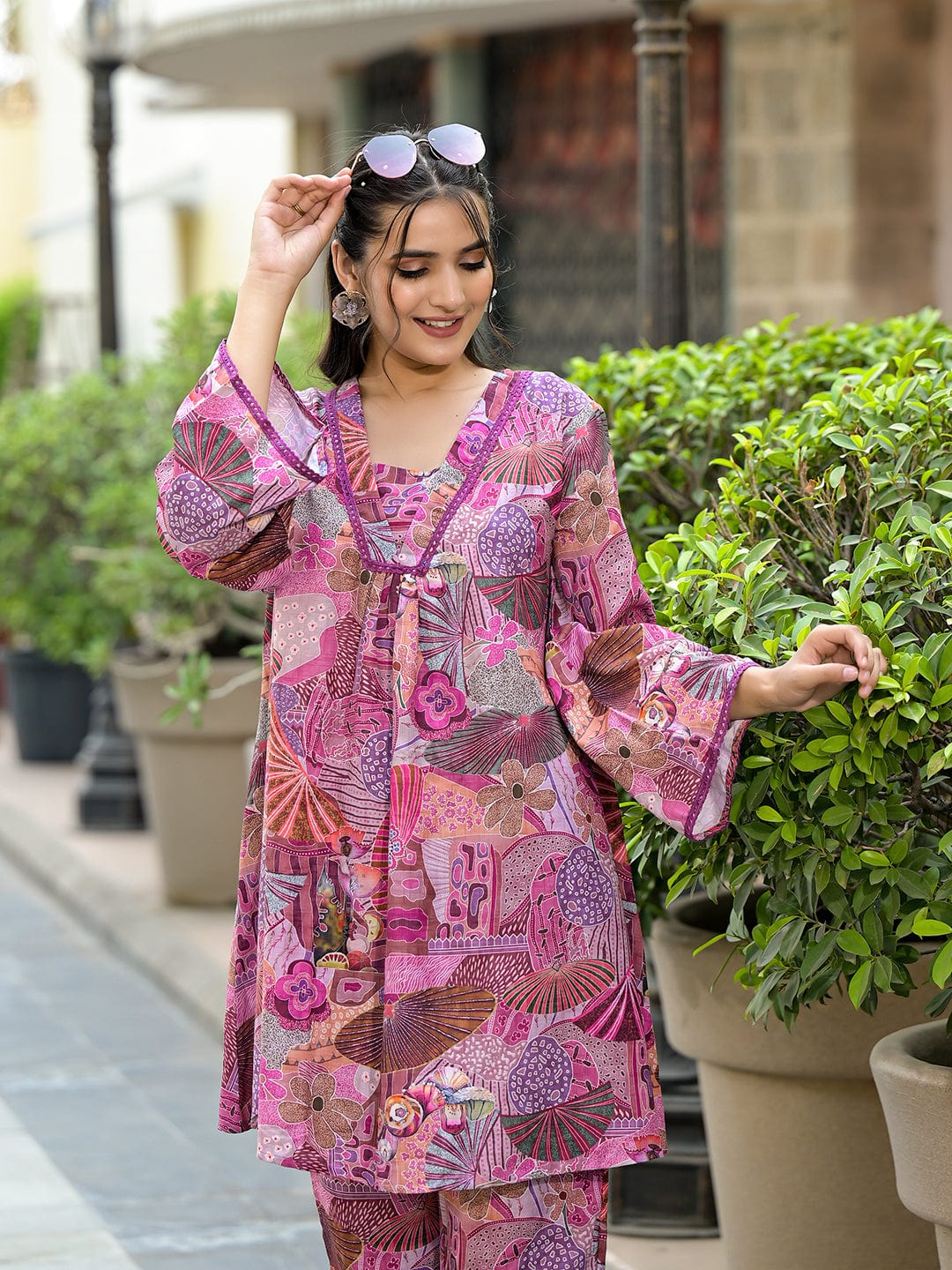 The Kurti Collection Women Purple Abstract Printed V-Neck A-Line Kurta Paired With Tonal Bottom