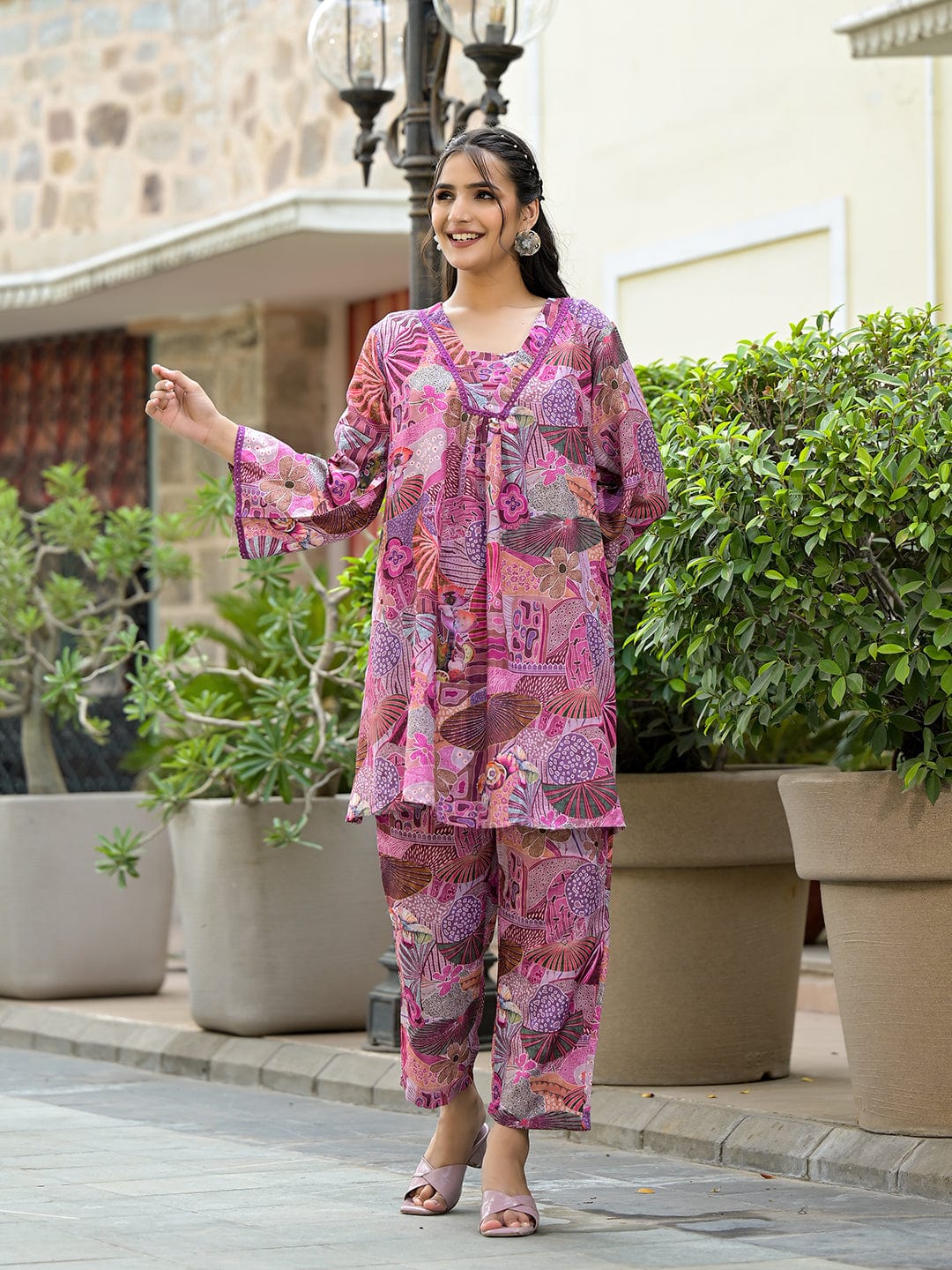 The Kurti Collection Women Purple Abstract Printed V-Neck A-Line Kurta Paired With Tonal Bottom