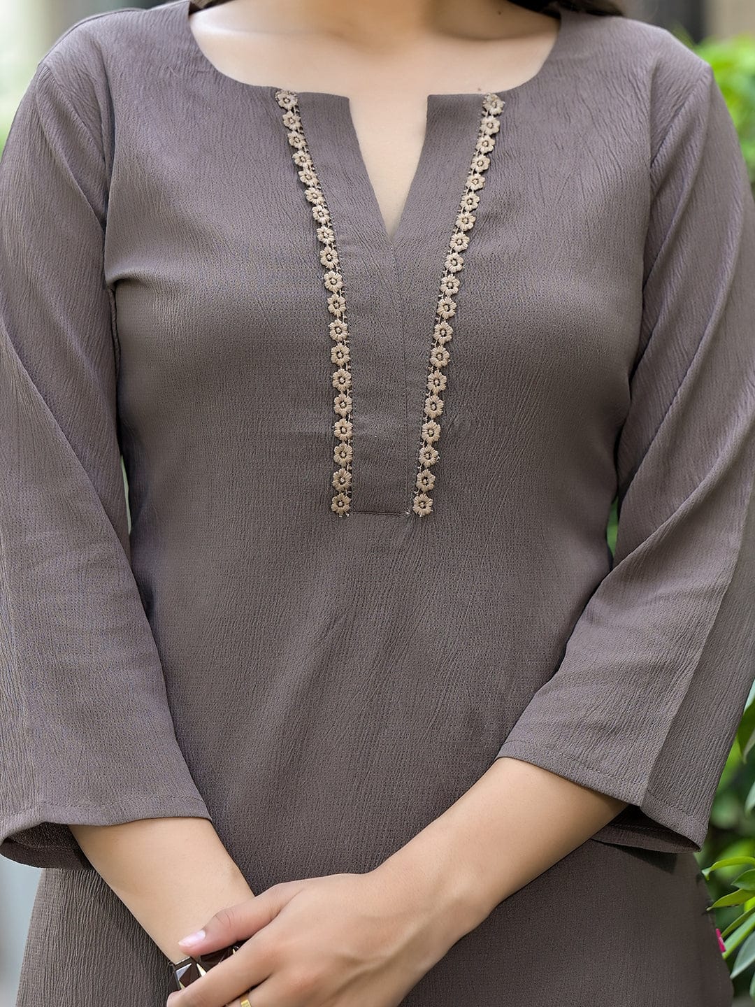 The Kurti Collection Women Taupe Crepe Round Neck Kurta With Bottom