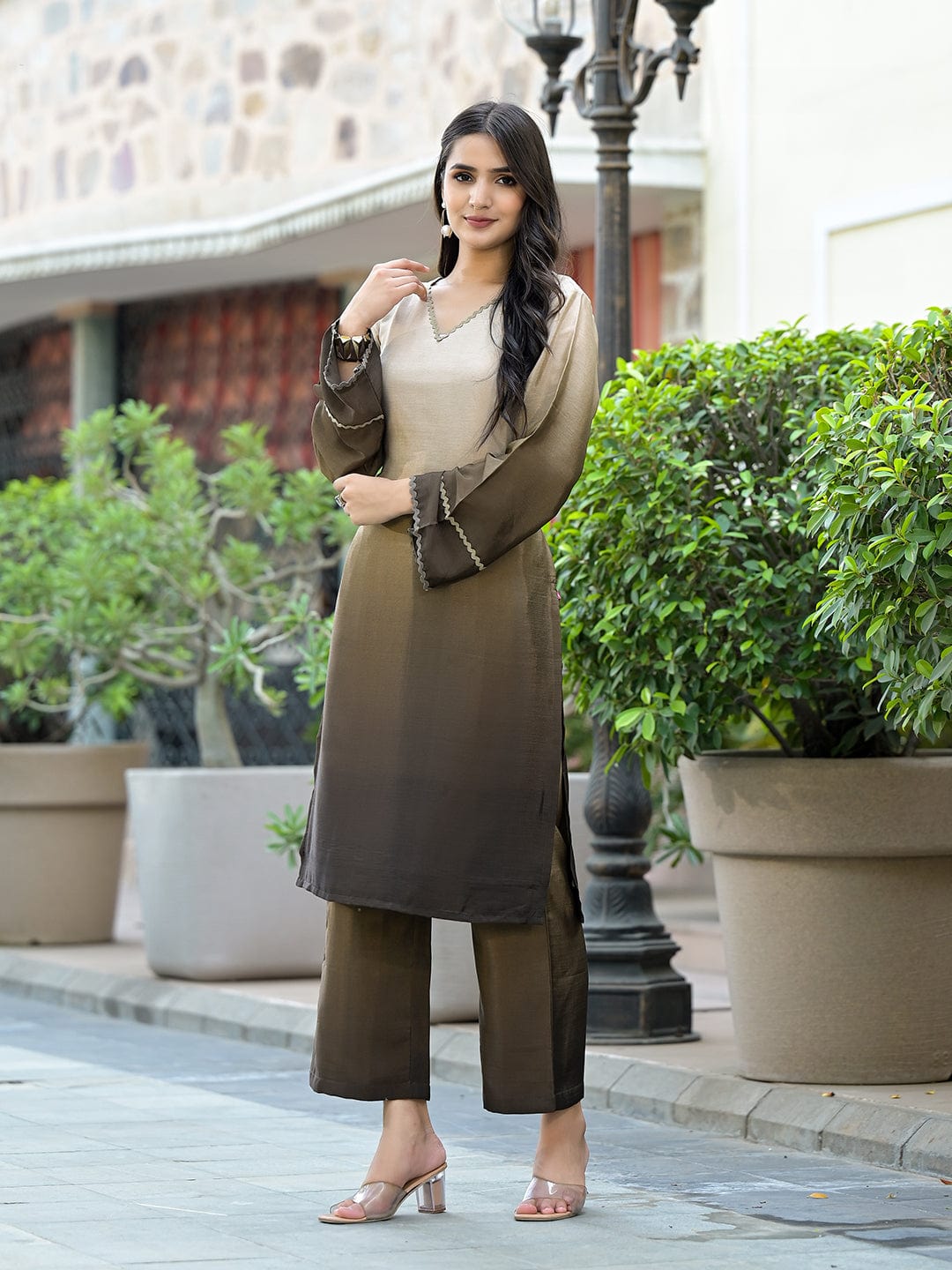 The Kurti Collection Women Ombre Olive A-Line Kurta Set