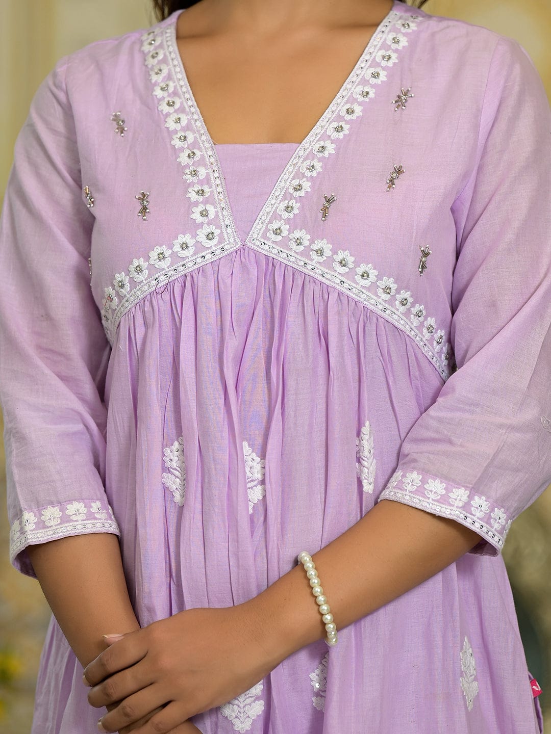 The Kurti Collection Women Lavender Embroidered A-Line Empire Kurta Paired With Tonal Bottom And Tonal Embroidered Dupatta