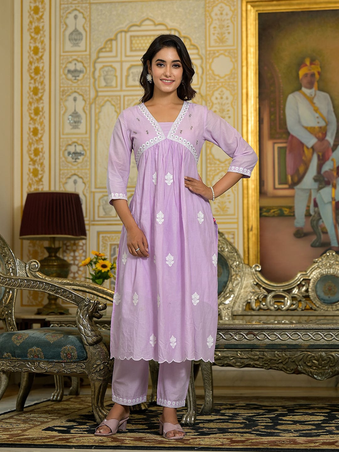 The Kurti Collection Women Lavender Embroidered A-Line Empire Kurta Paired With Tonal Bottom And Tonal Embroidered Dupatta