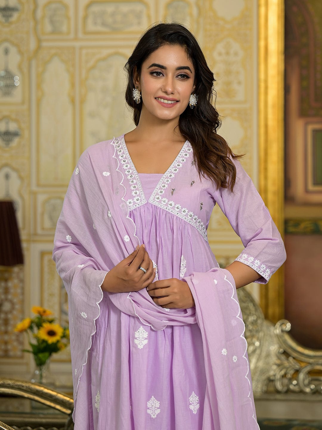 The Kurti Collection Women Lavender Embroidered A-Line Empire Kurta Paired With Tonal Bottom And Tonal Embroidered Dupatta