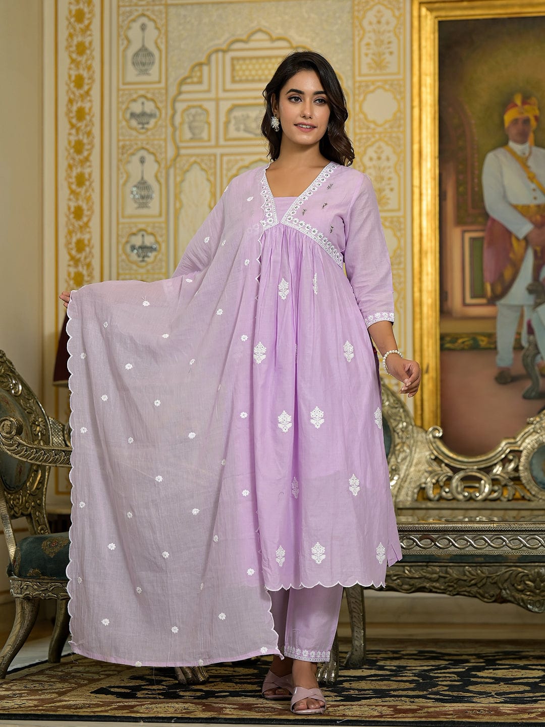 The Kurti Collection Women Lavender Embroidered A-Line Empire Kurta Paired With Tonal Bottom And Tonal Embroidered Dupatta