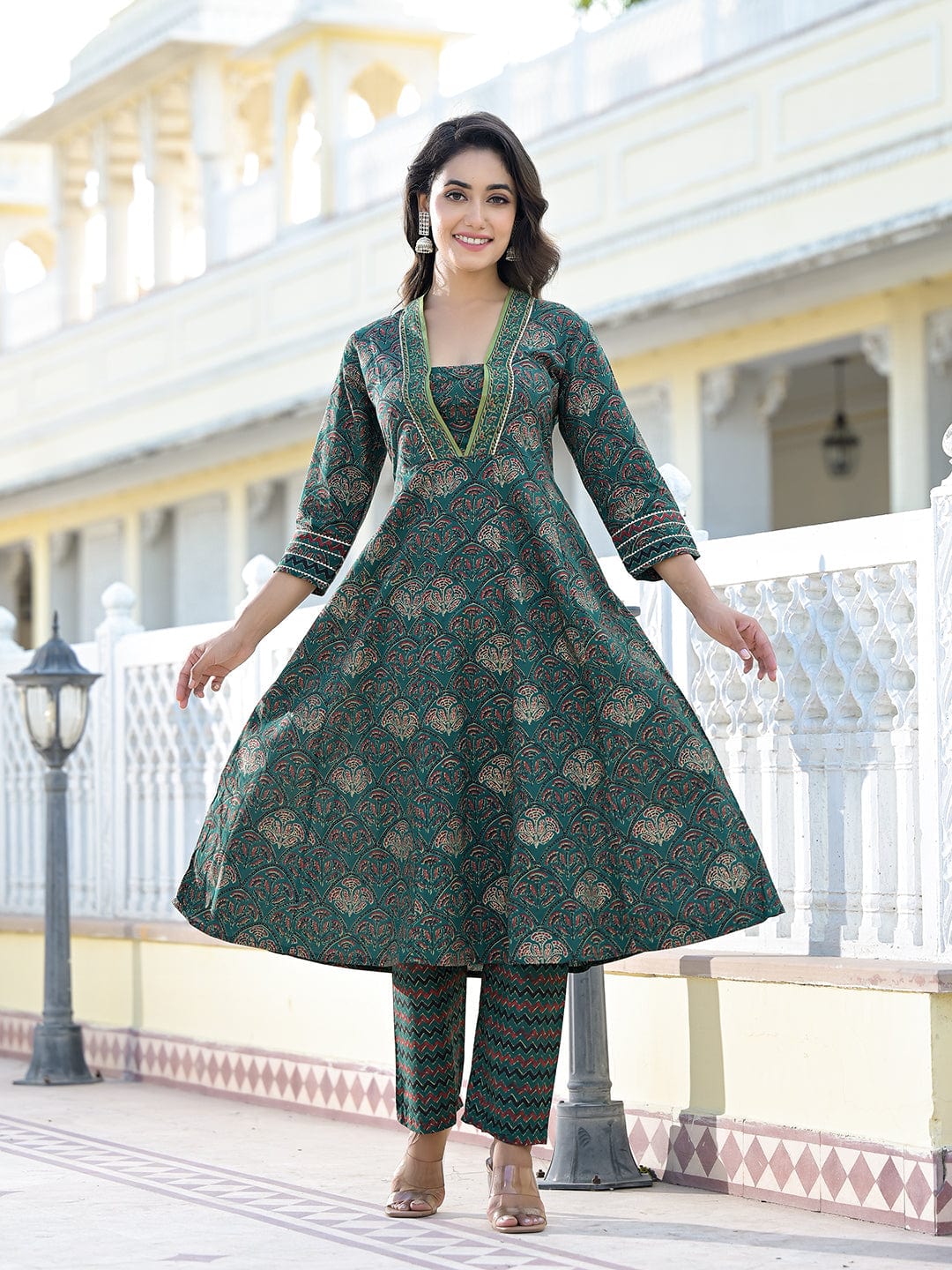 The Kurti Collection Women Green Floral Printed Gotta Lace Embellished A-Line Kurta With Straight Bottom And Dupatta
