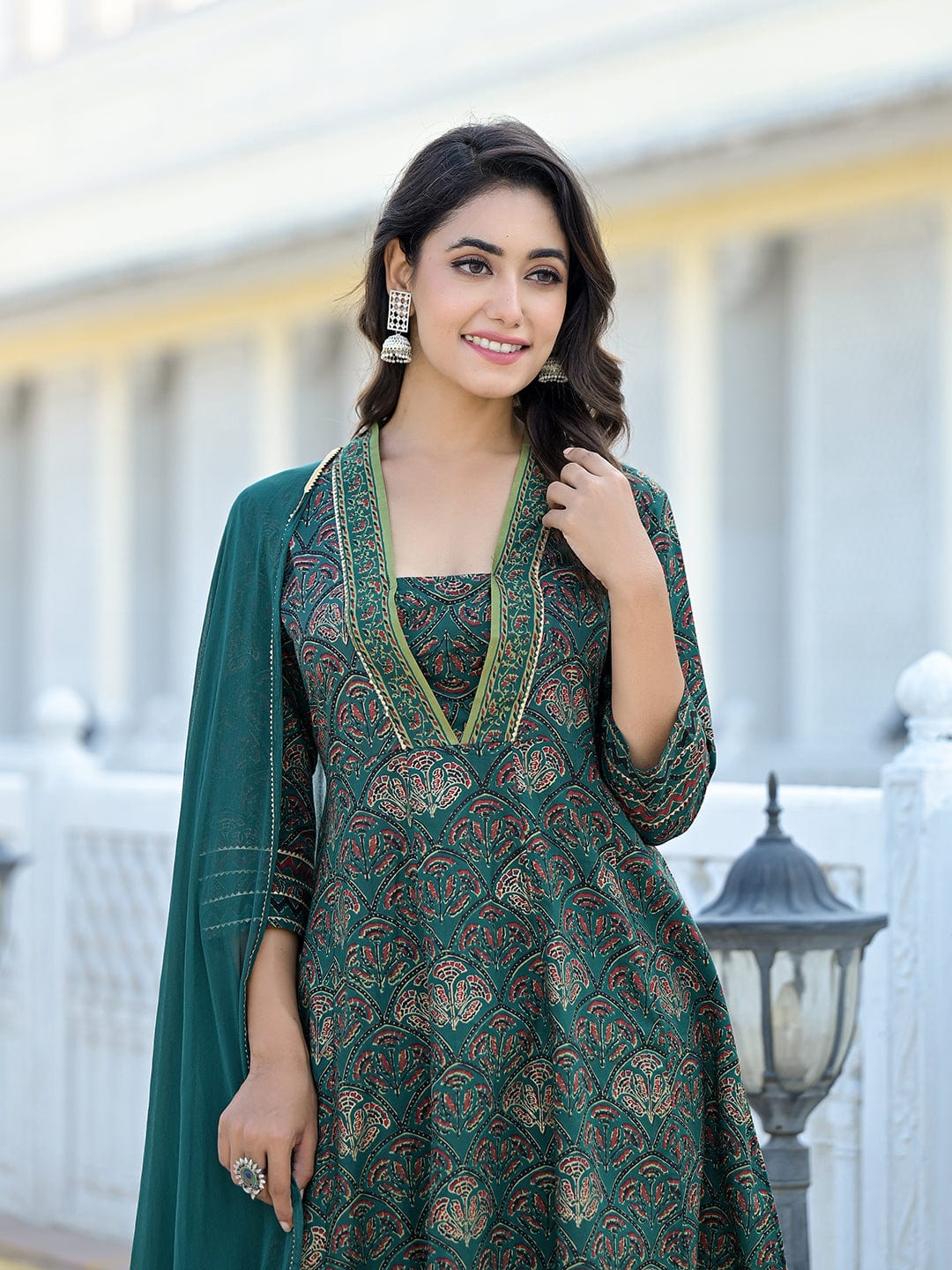 The Kurti Collection Women Green Floral Printed Gotta Lace Embellished A-Line Kurta With Straight Bottom And Dupatta