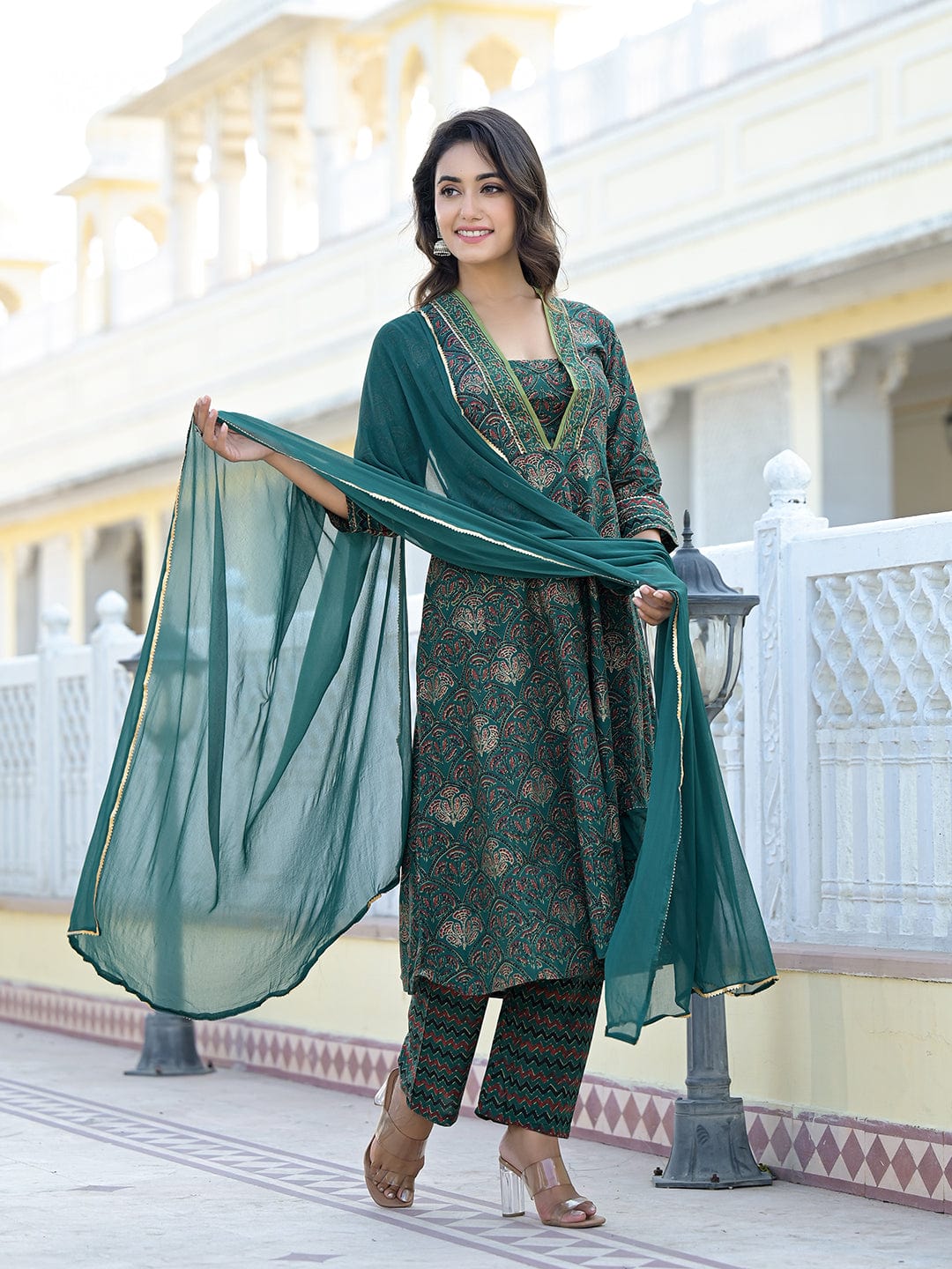 The Kurti Collection Women Green Floral Printed Gotta Lace Embellished A-Line Kurta With Straight Bottom And Dupatta