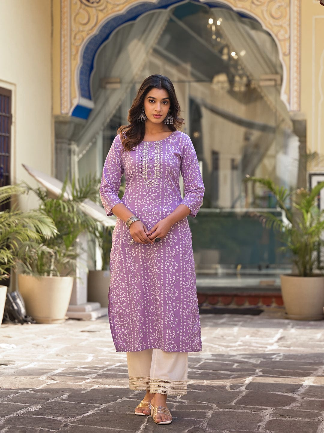 The Kurti Collection Lavender Bandhani Print Embroidered Kurta Has Round Neck
