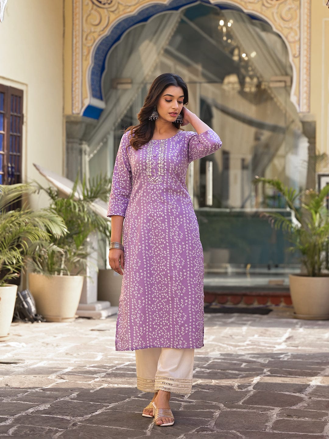 The Kurti Collection Lavender Bandhani Print Embroidered Kurta Has Round Neck