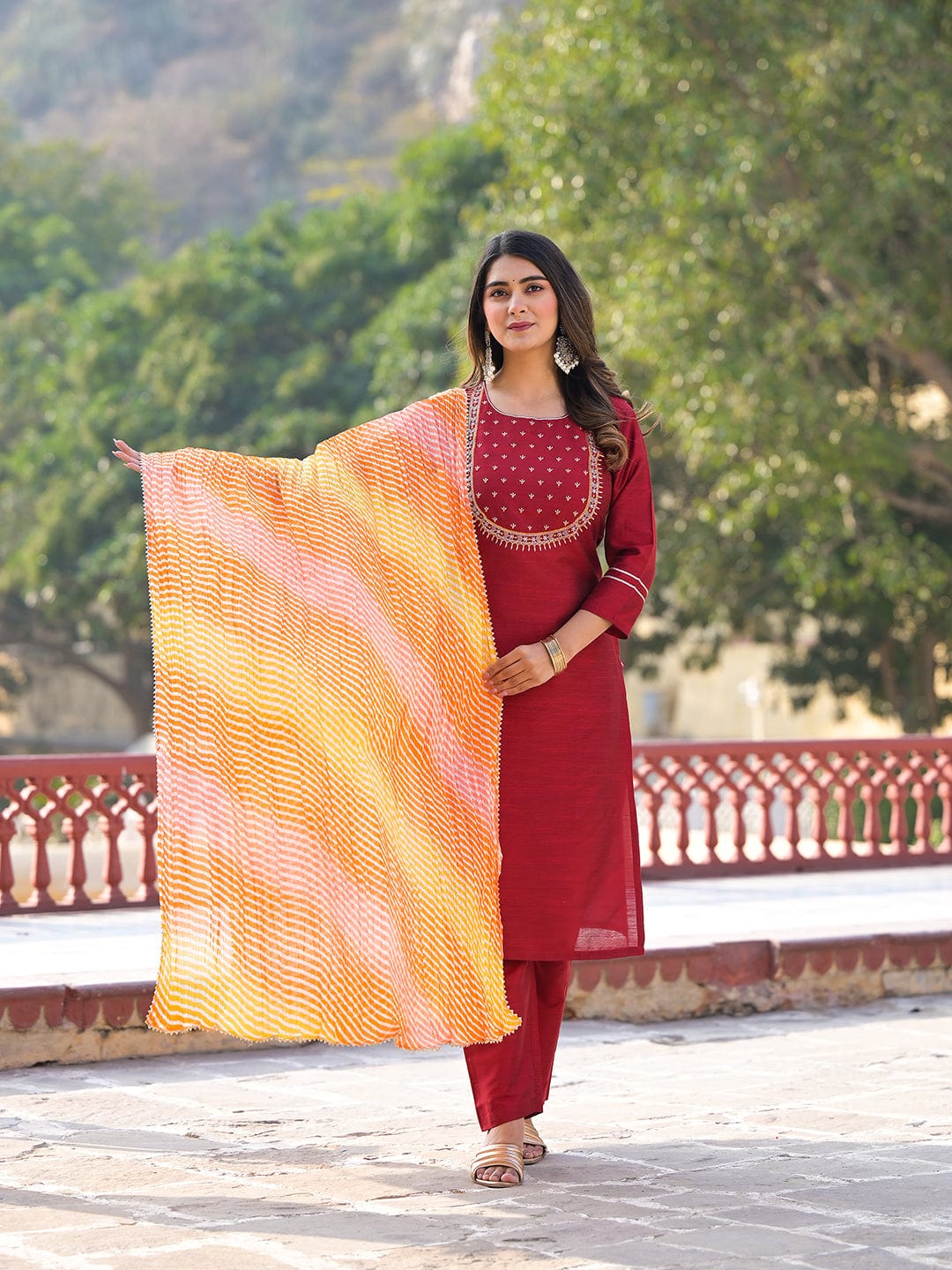 The Kurti Collection Maroon Yoke Embroidered Straight Kurta Paired With Sgtraight Pant And Leheriya Dupatta