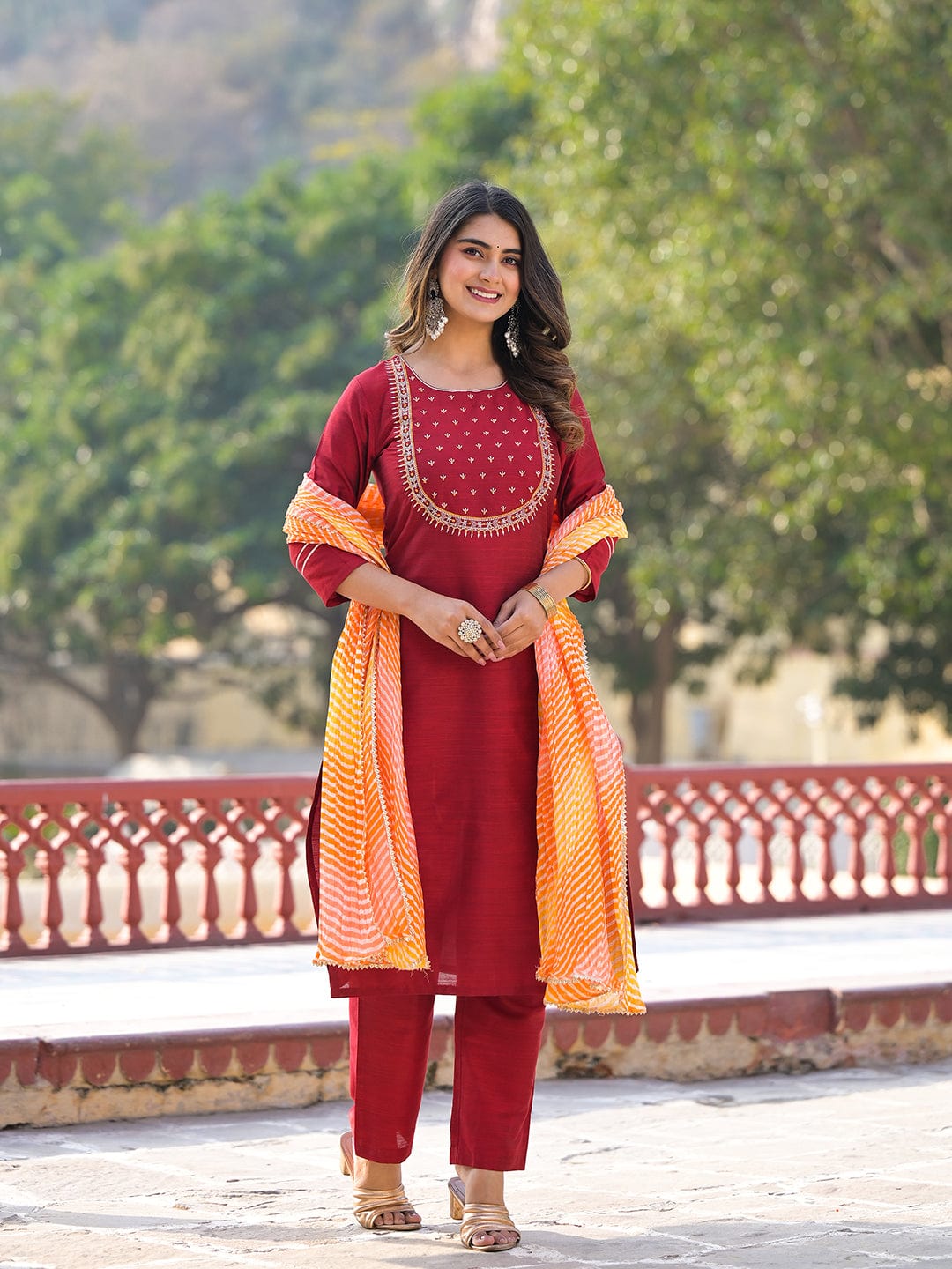The Kurti Collection Maroon Yoke Embroidered Straight Kurta Paired With Sgtraight Pant And Leheriya Dupatta