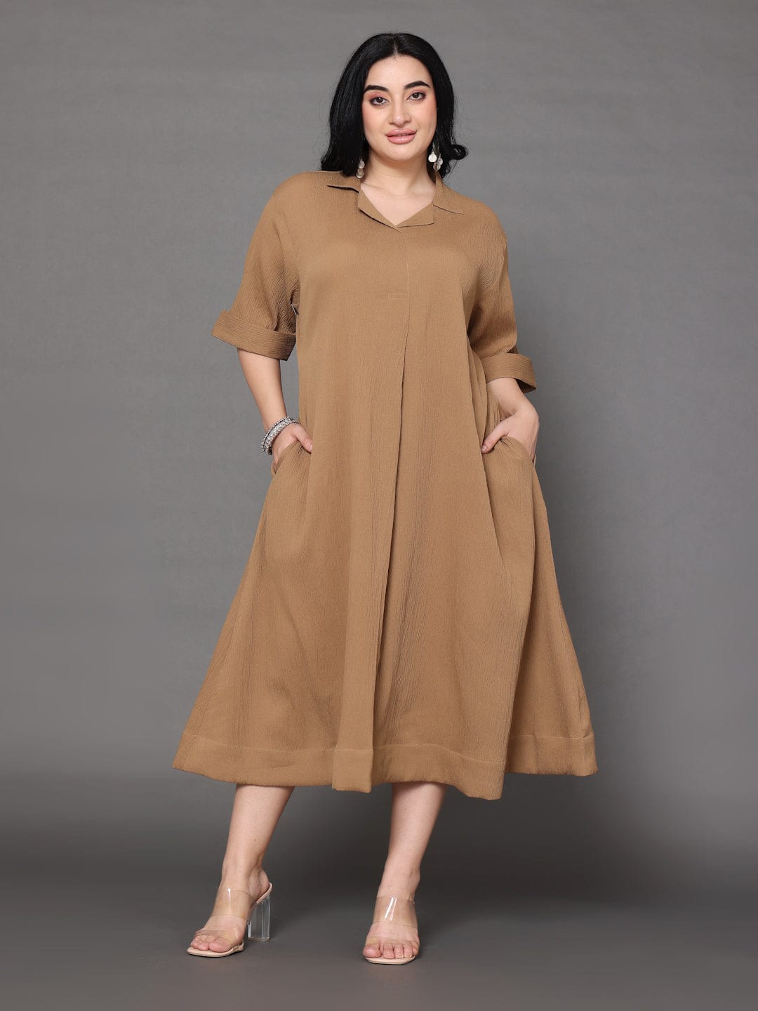 The Kurti Collection Women Plus Size Beige Shirt Collar A Line Dress