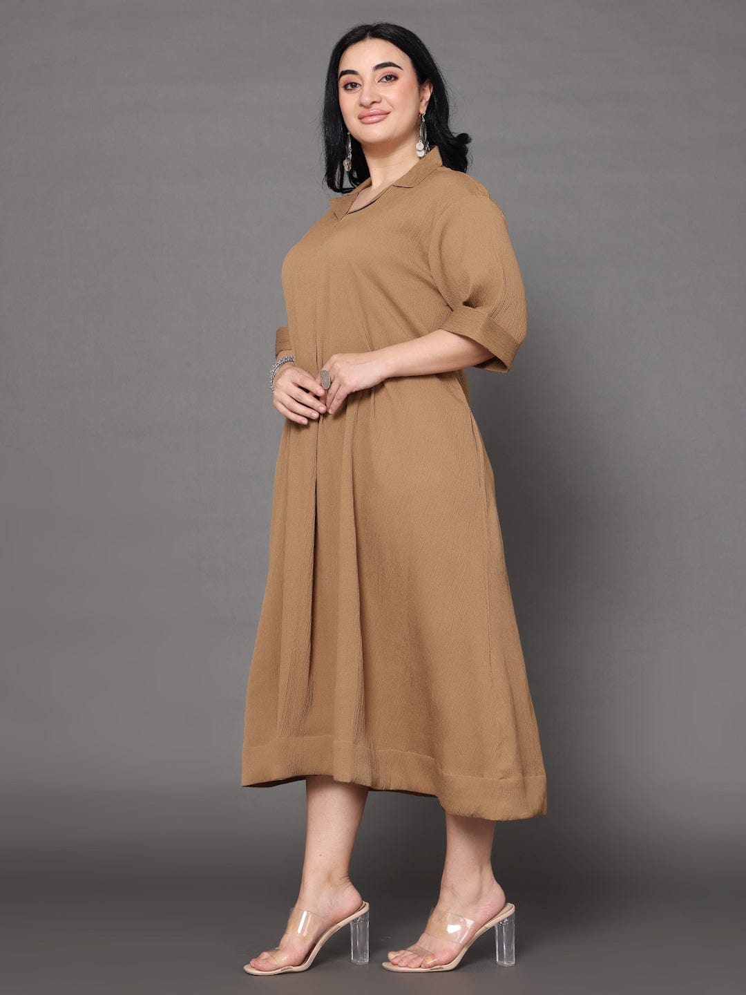 The Kurti Collection Women Plus Size Beige Shirt Collar A Line Dress