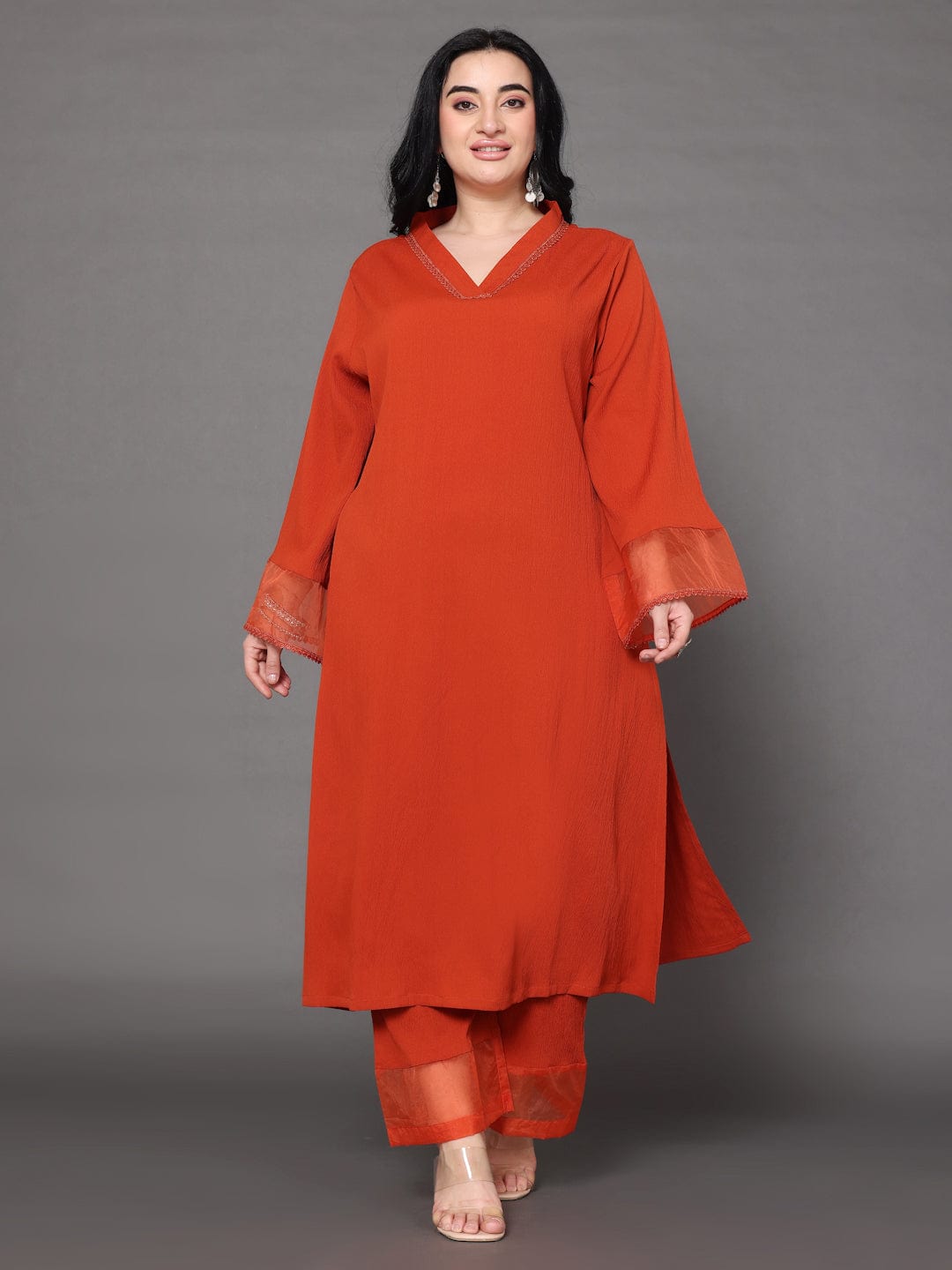 The Kurti Collection Women Plus Size Rust Straight Kurta Paired With Tonal Bottom