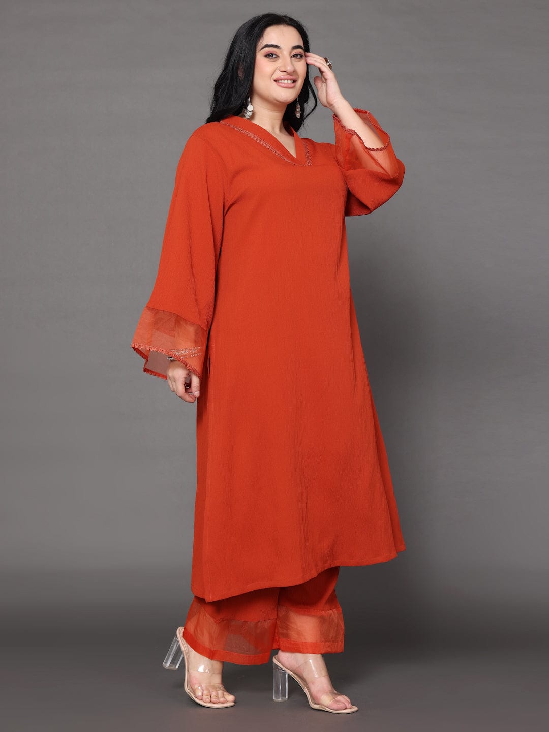 The Kurti Collection Women Plus Size Rust Straight Kurta Paired With Tonal Bottom