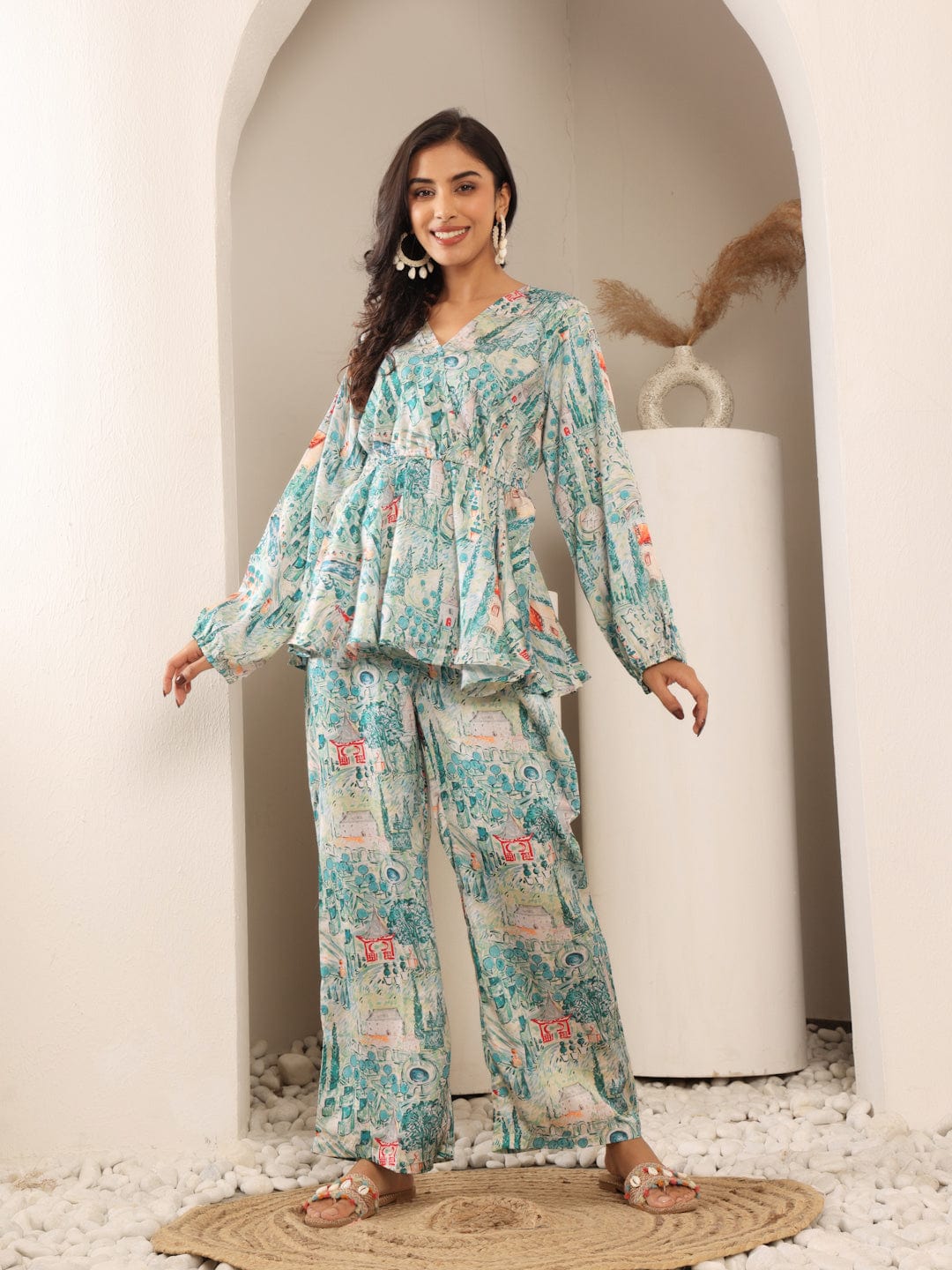 The Kurti Collection Women White & Teal Abstract Printed Peplum Top Paired With Straight Printed Bottom.