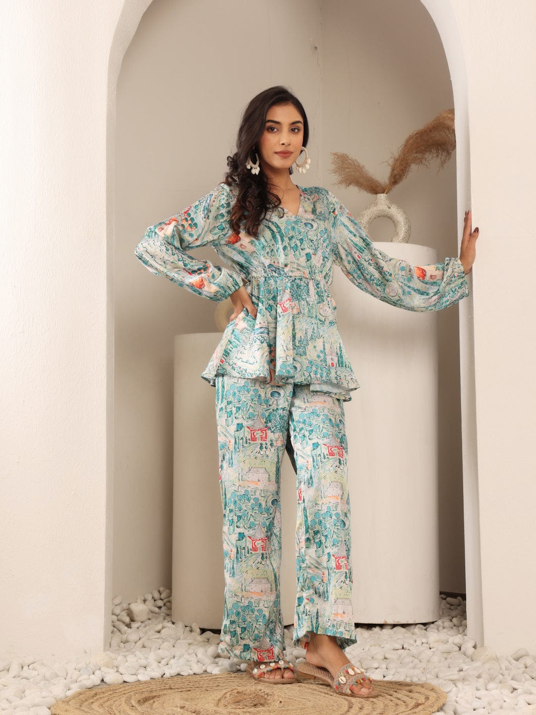 The Kurti Collection Women White & Teal Abstract Printed Peplum Top Paired With Straight Printed Bottom.