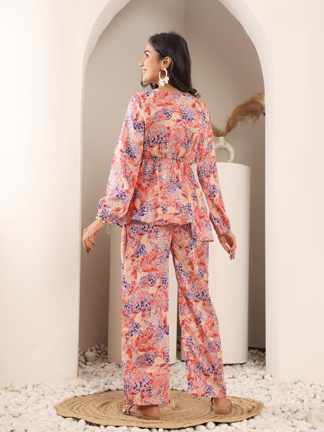 The Kurti Collection Women Blue & Coral Abstract Floral Printed Peplum Top Paired With Printed Bottom