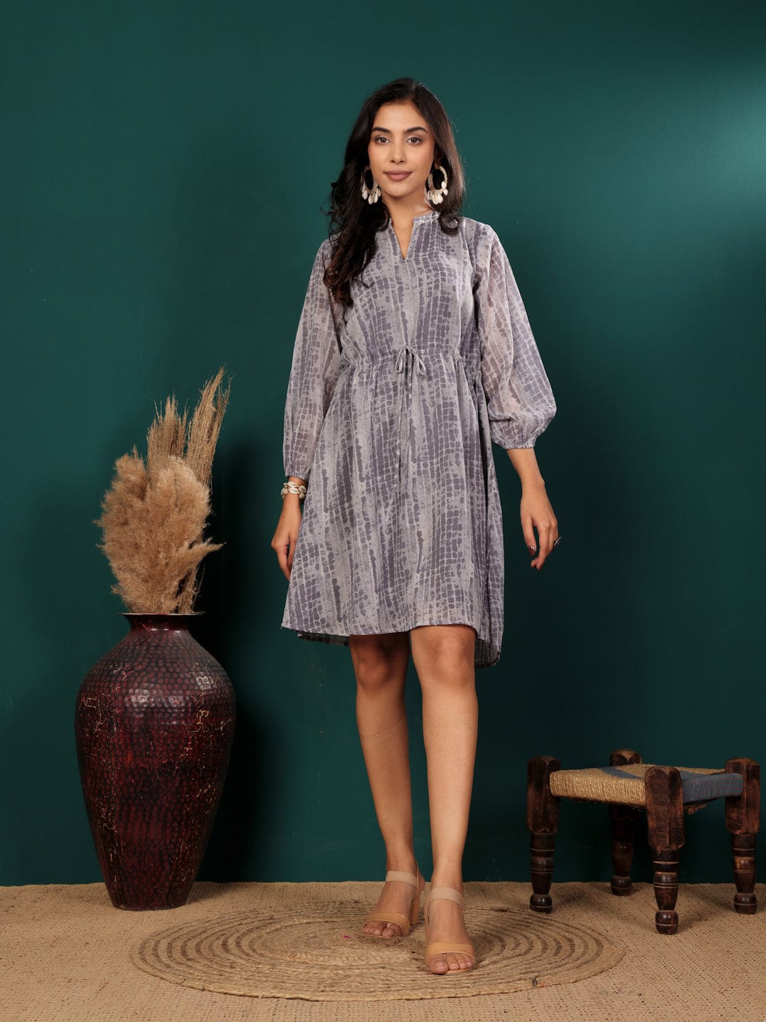 The Kurti Collection Women Tie And Dye Printed Short Dress With Three Quarter Puff Sleeves