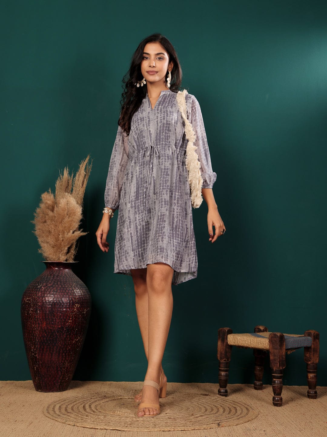 The Kurti Collection Women Tie And Dye Printed Short Dress With Three Quarter Puff Sleeves