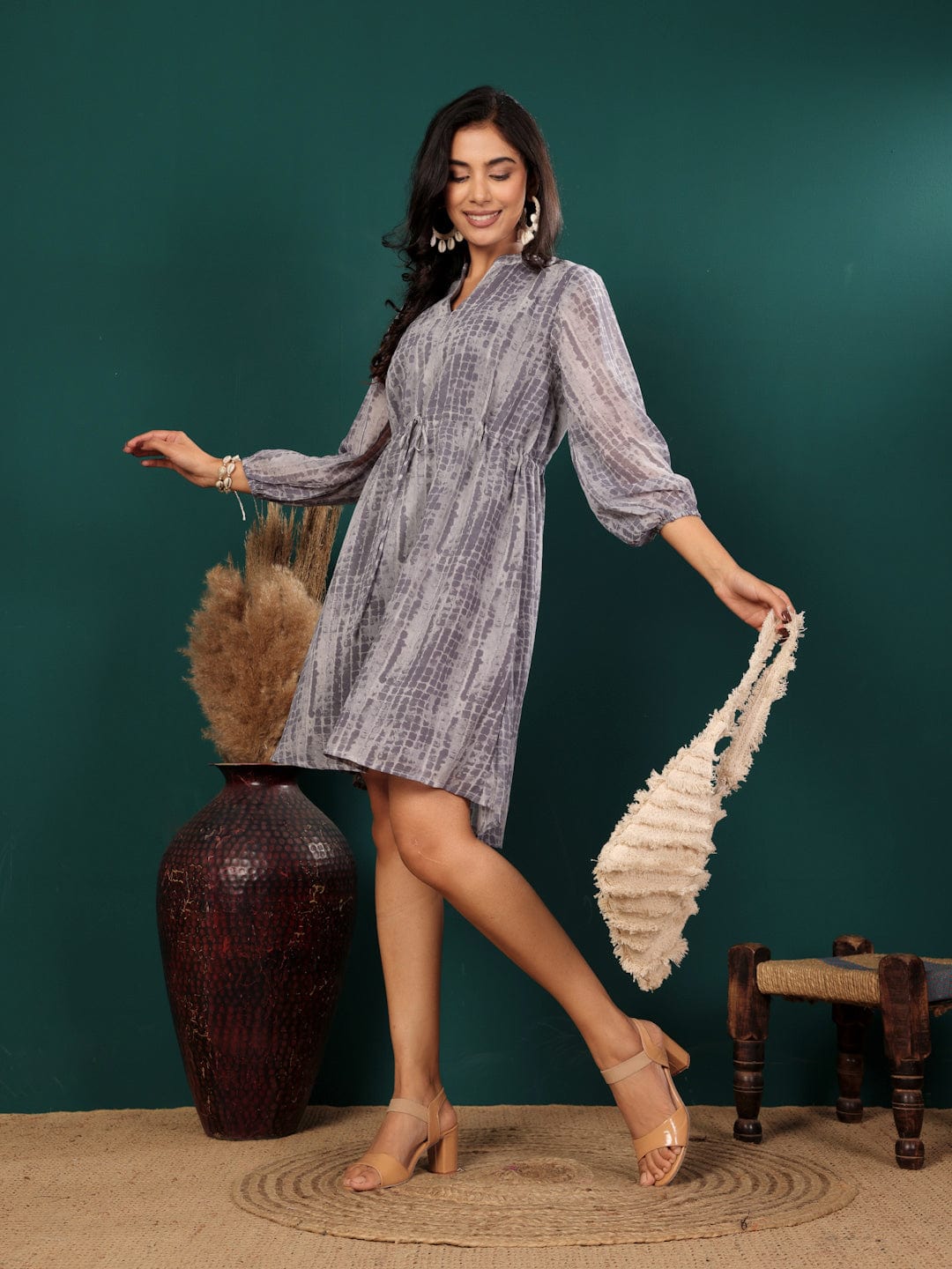 The Kurti Collection Women Tie And Dye Printed Short Dress With Three Quarter Puff Sleeves