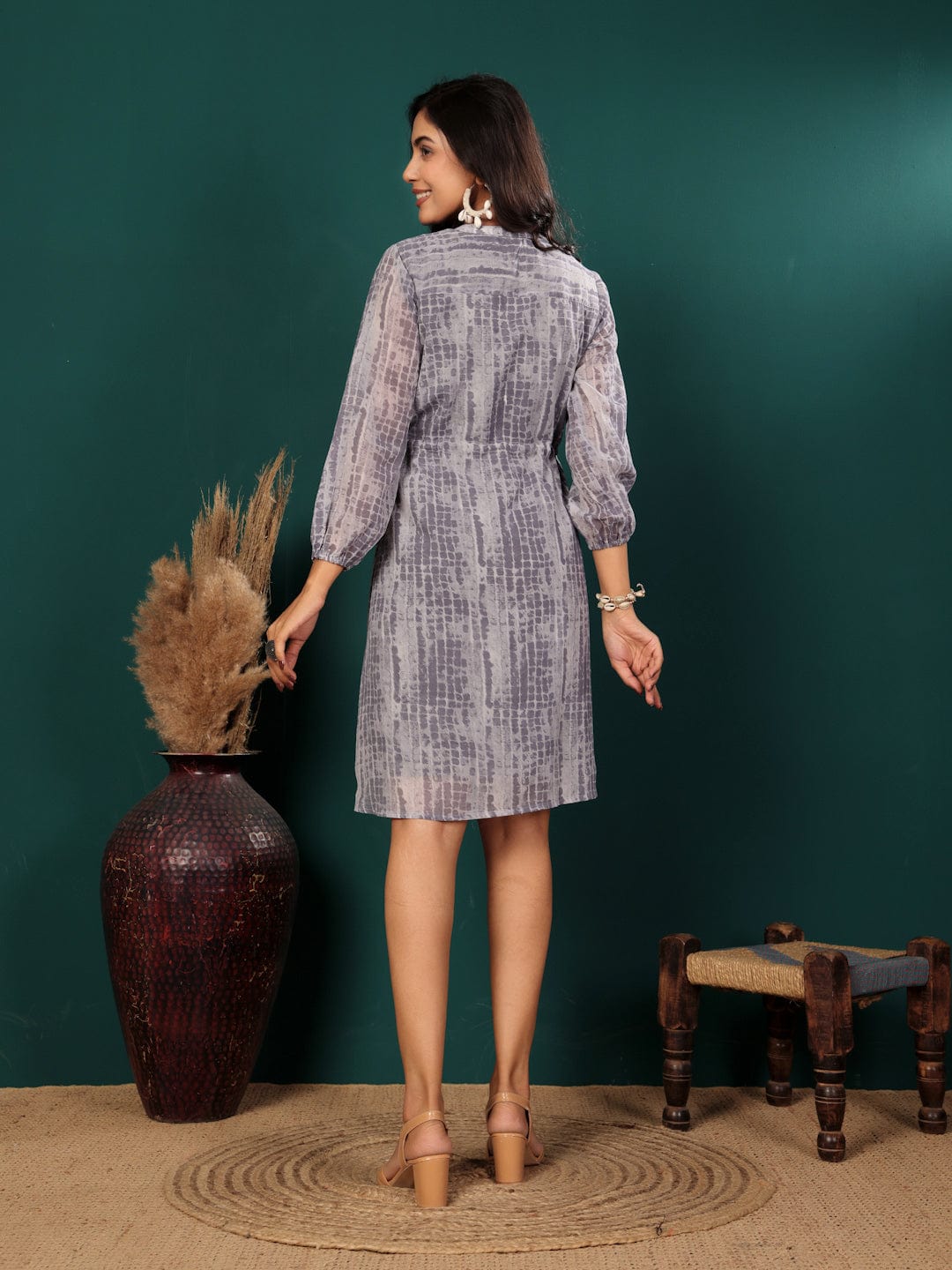 The Kurti Collection Women Tie And Dye Printed Short Dress With Three Quarter Puff Sleeves