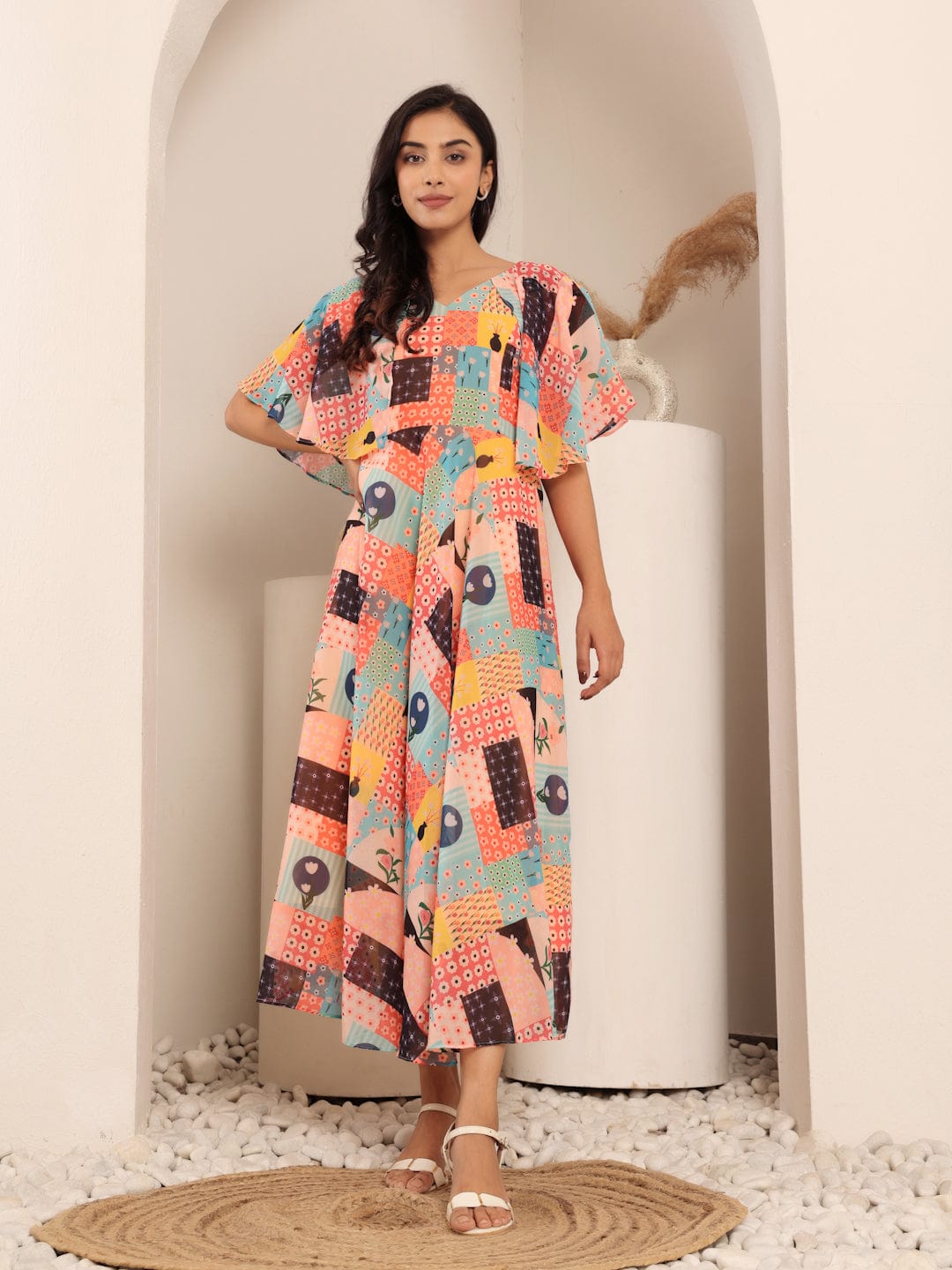The Kurti Collection Women Floral Printed V-Neck Flared Sleeves Georgette Fit & Flare Midi Dress