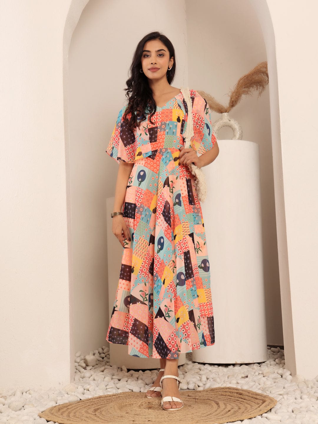 The Kurti Collection Women Floral Printed V-Neck Flared Sleeves Georgette Fit & Flare Midi Dress