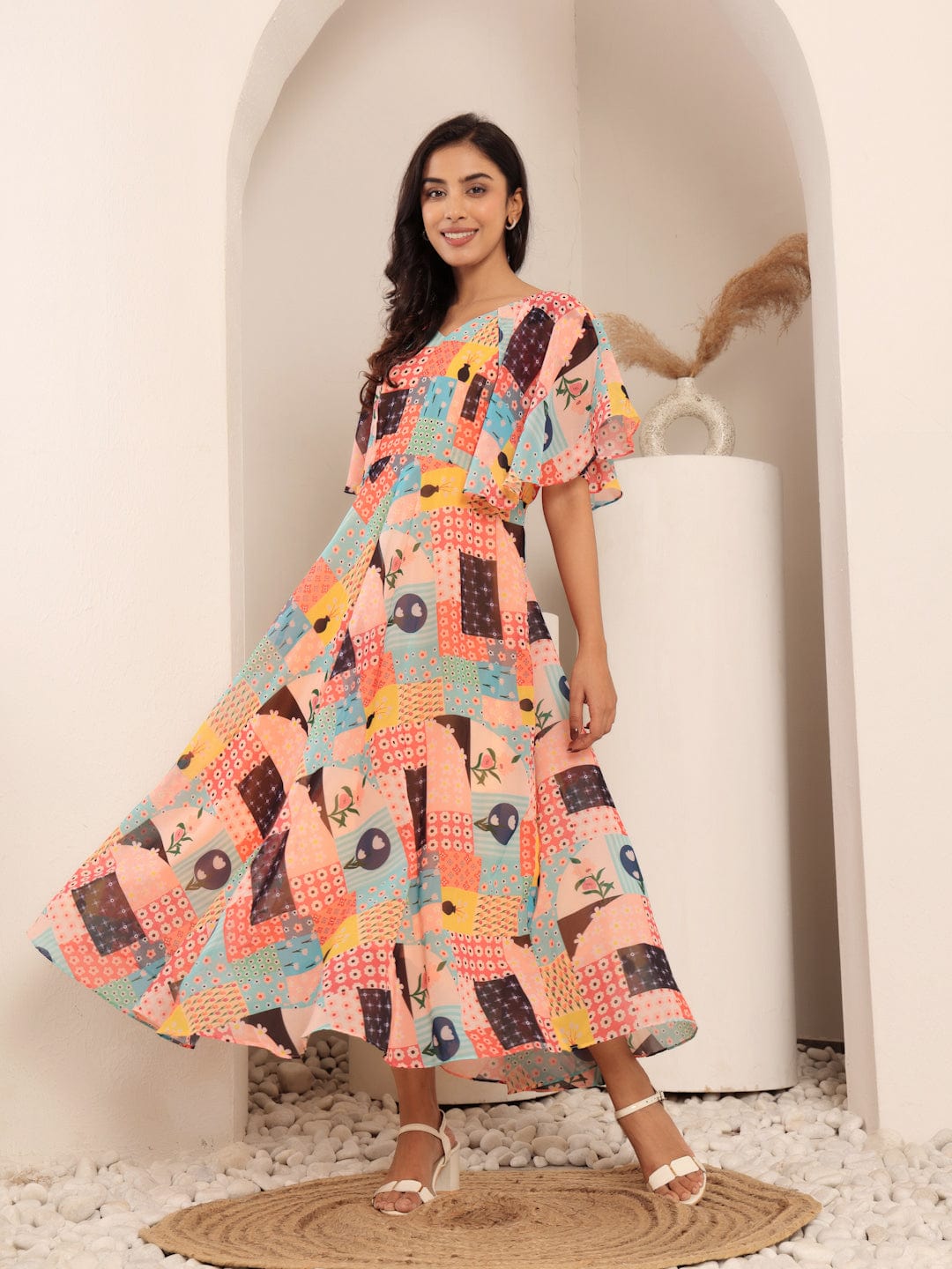 The Kurti Collection Women Floral Printed V-Neck Flared Sleeves Georgette Fit & Flare Midi Dress