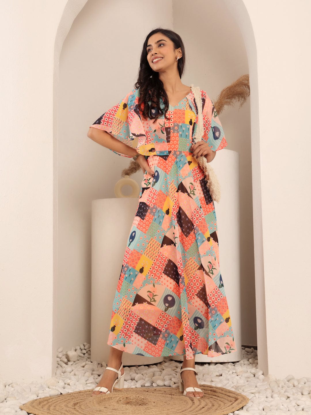 The Kurti Collection Women Floral Printed V-Neck Flared Sleeves Georgette Fit & Flare Midi Dress