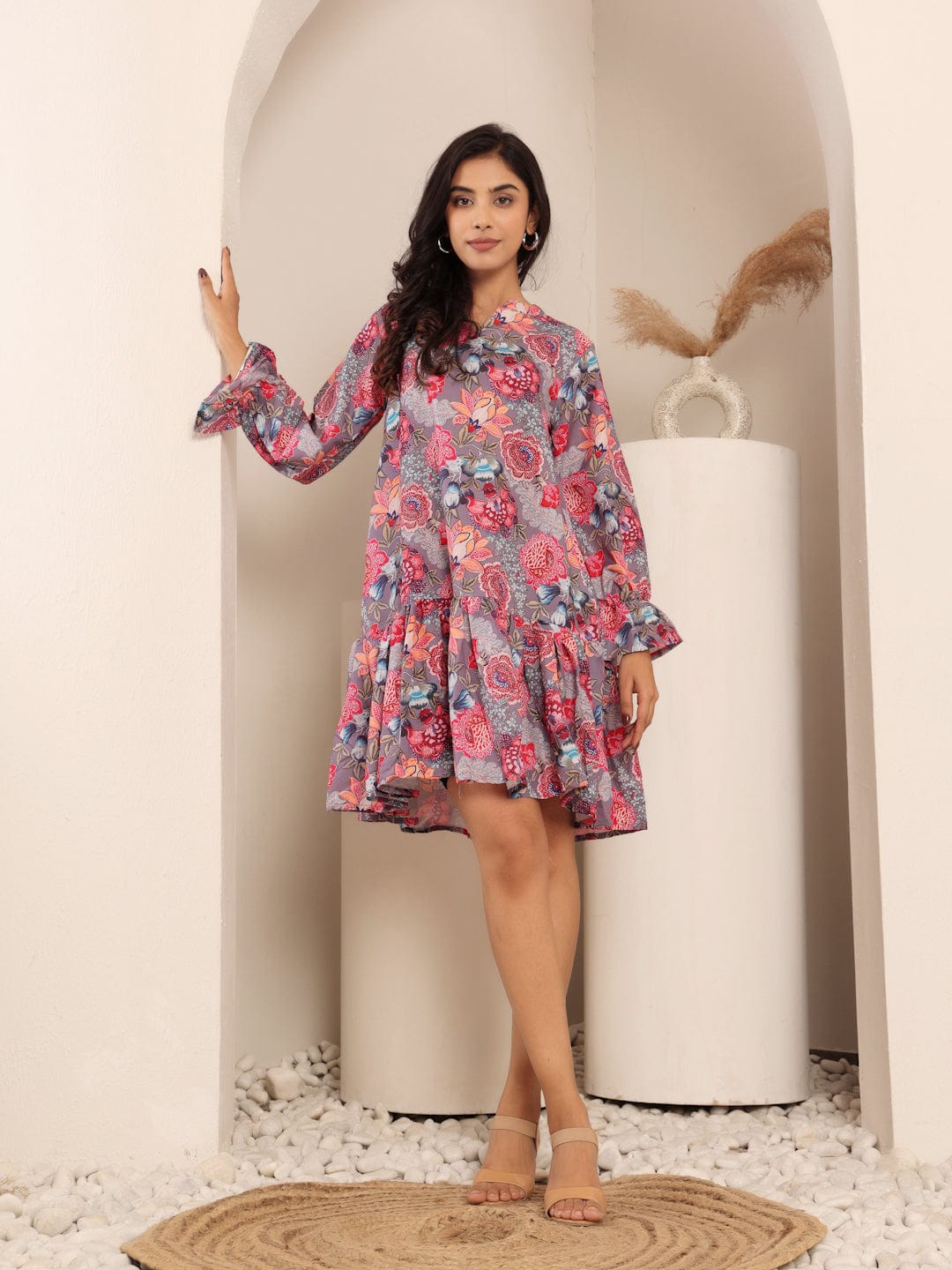 The Kurti Collection Women Mauve Floral Printed Tiered Dress