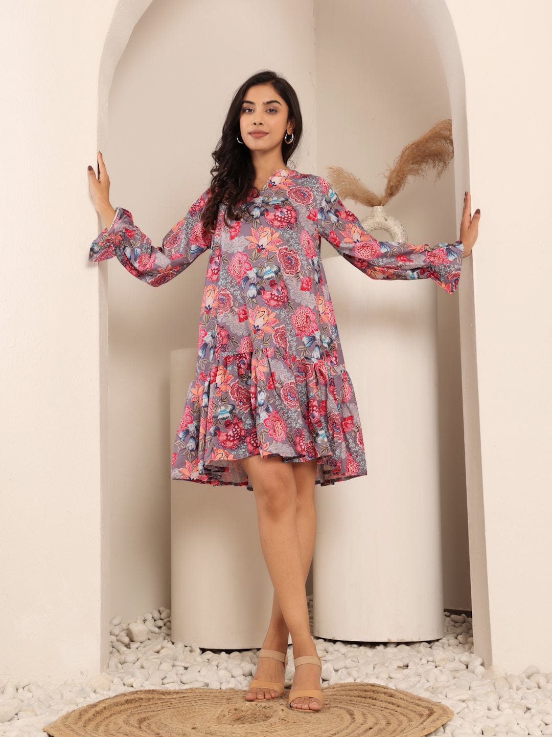 The Kurti Collection Women Mauve Floral Printed Tiered Dress