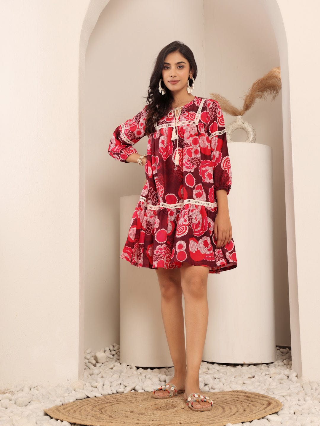 The Kurti Collection Women Maroon And Peach Floral Printed Lace Detail Tiered Dress