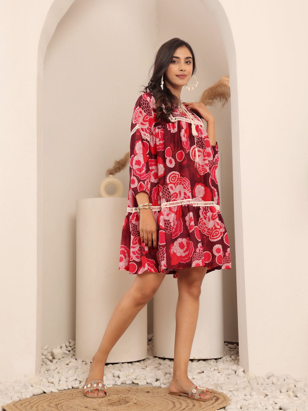The Kurti Collection Women Maroon And Peach Floral Printed Lace Detail Tiered Dress