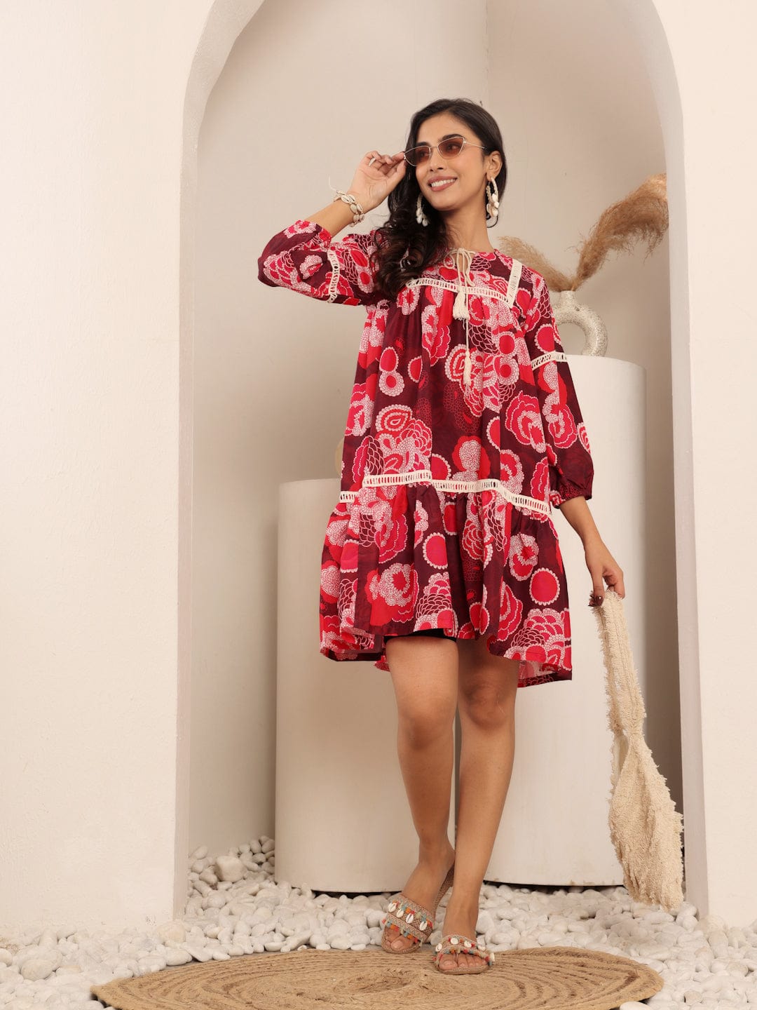 The Kurti Collection Women Maroon And Peach Floral Printed Lace Detail Tiered Dress